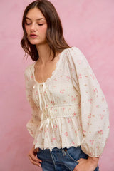 Trendsi SO ME Floral Clip Dot Lace Trim Ruched Bodice Blouse - Pants