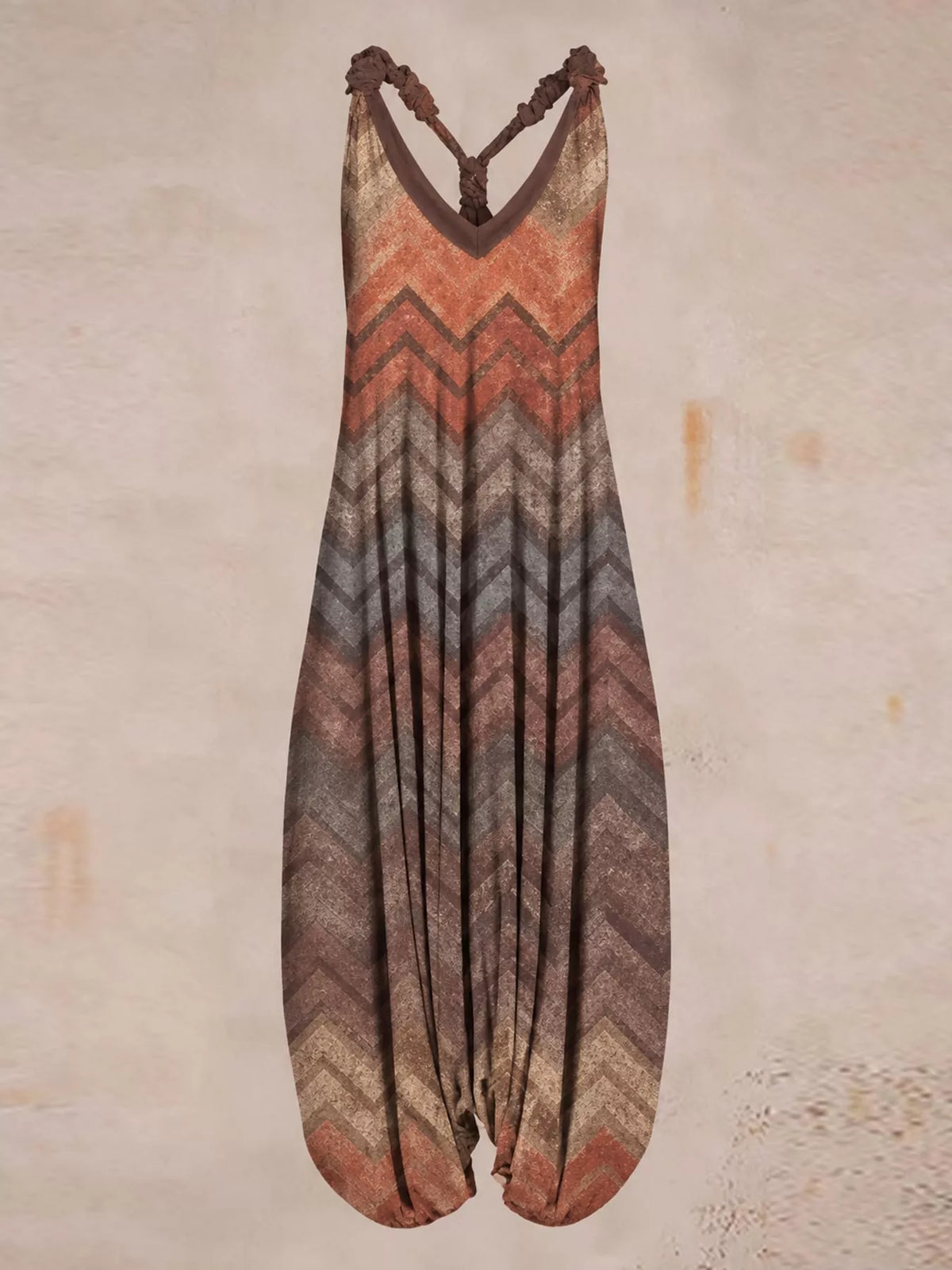 Rust chevron-print V-neck sleeveless jumpsuit