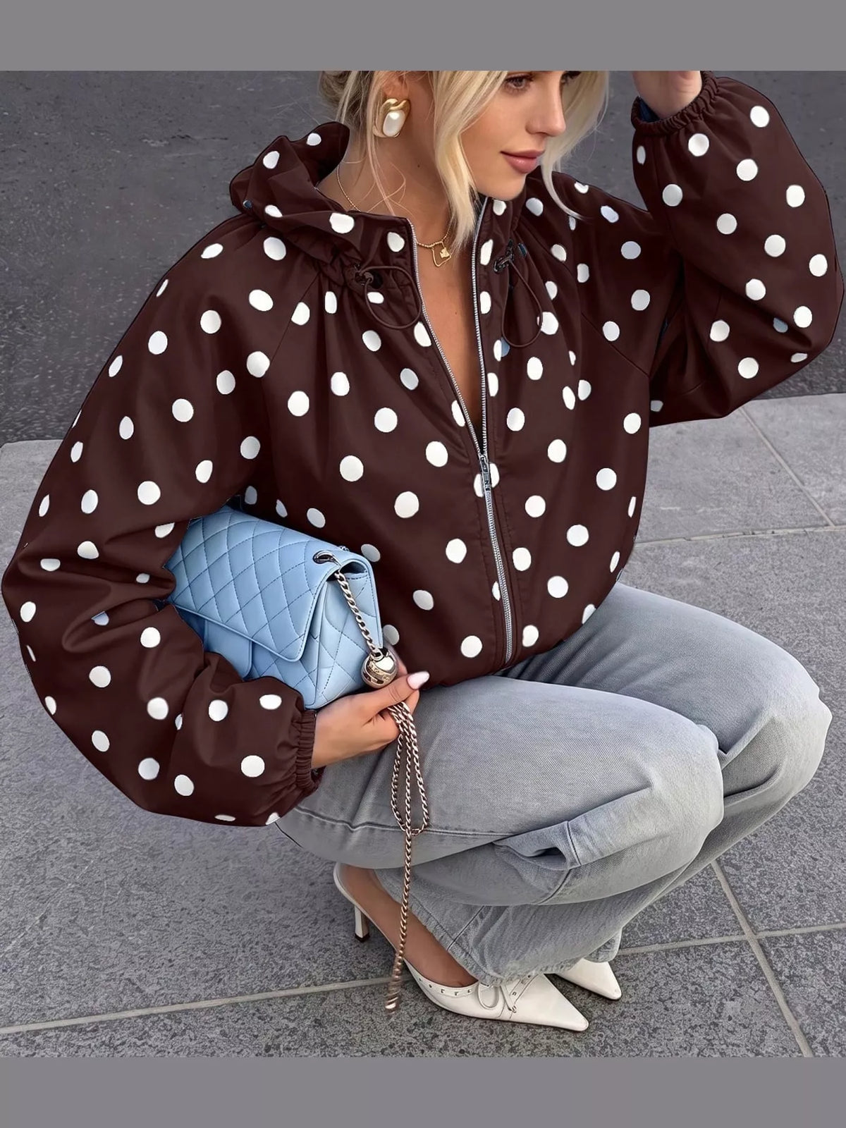 Polka Dot Drawstring Zip-Up Jacket — front view