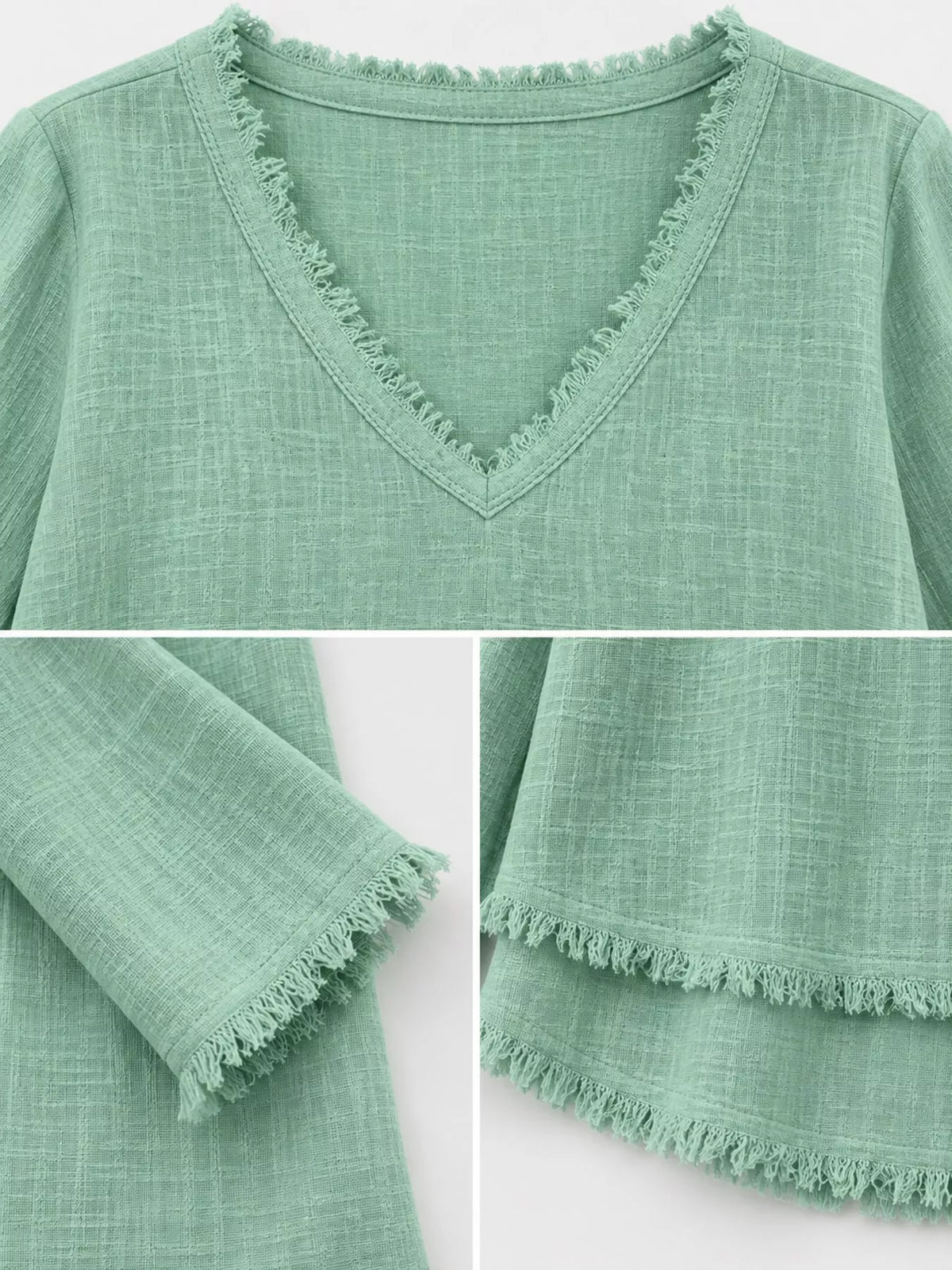 Frayed V-neck blouse, sage detail collage
