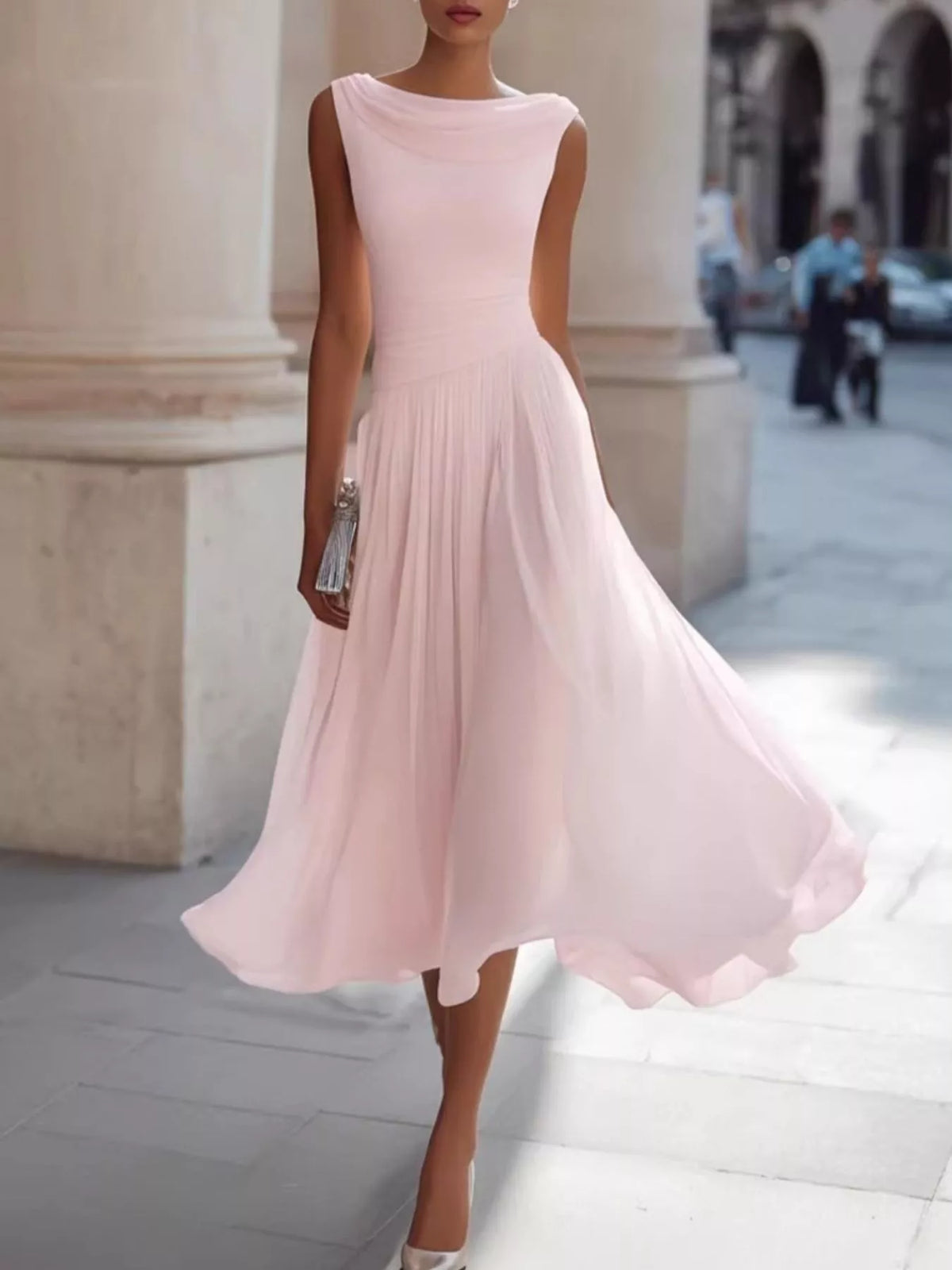 Pink sleeveless boat neck midi dress — front view