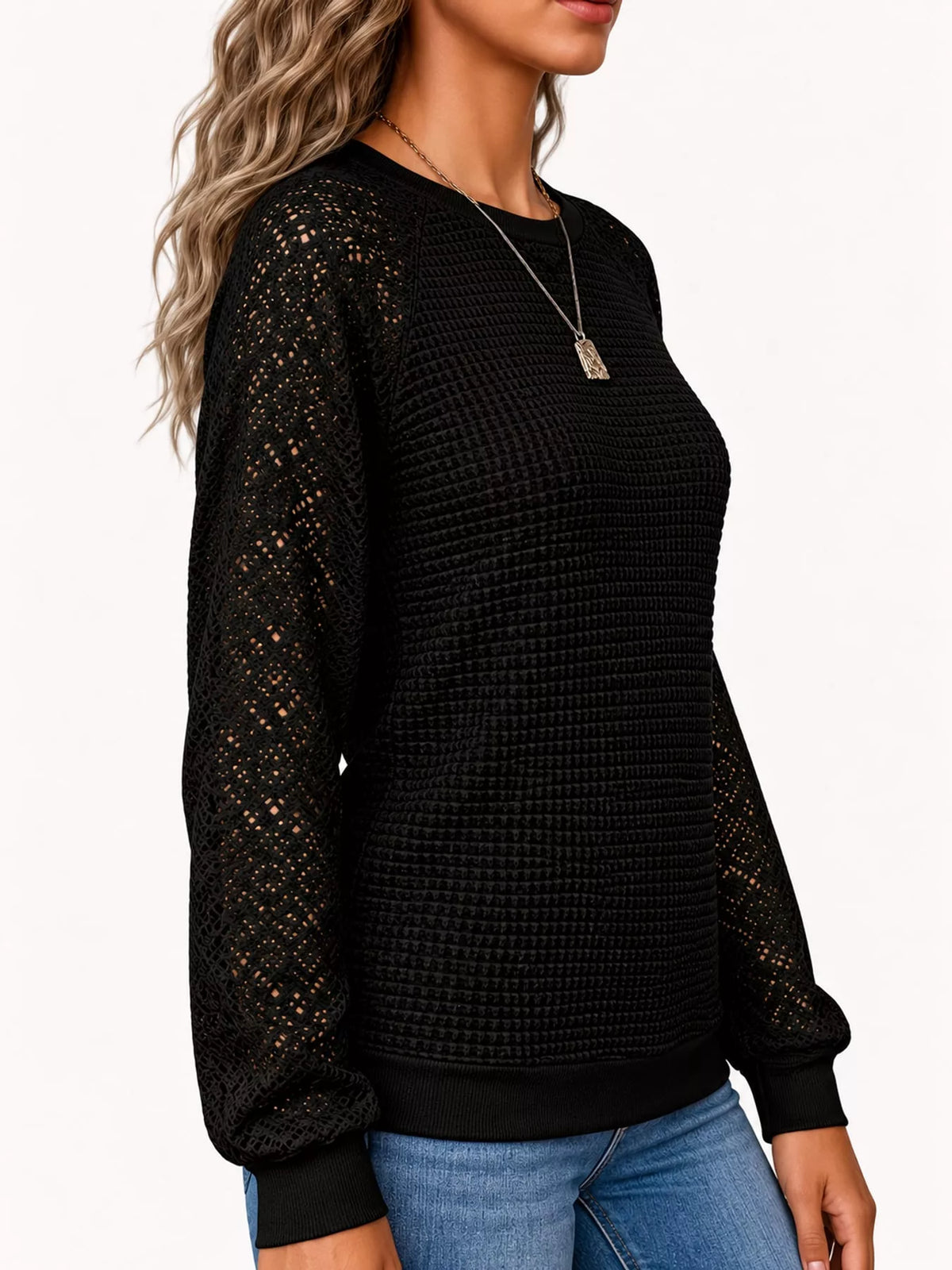 Waffle-knit lace-sleeve top, black angled front