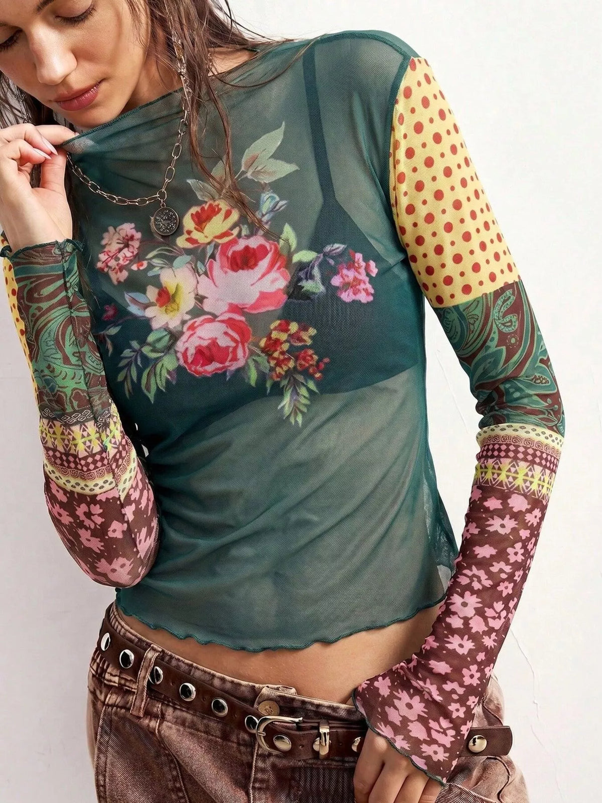 Trendsi Floral Print Mesh Mock Neck Long Sleeve Top -