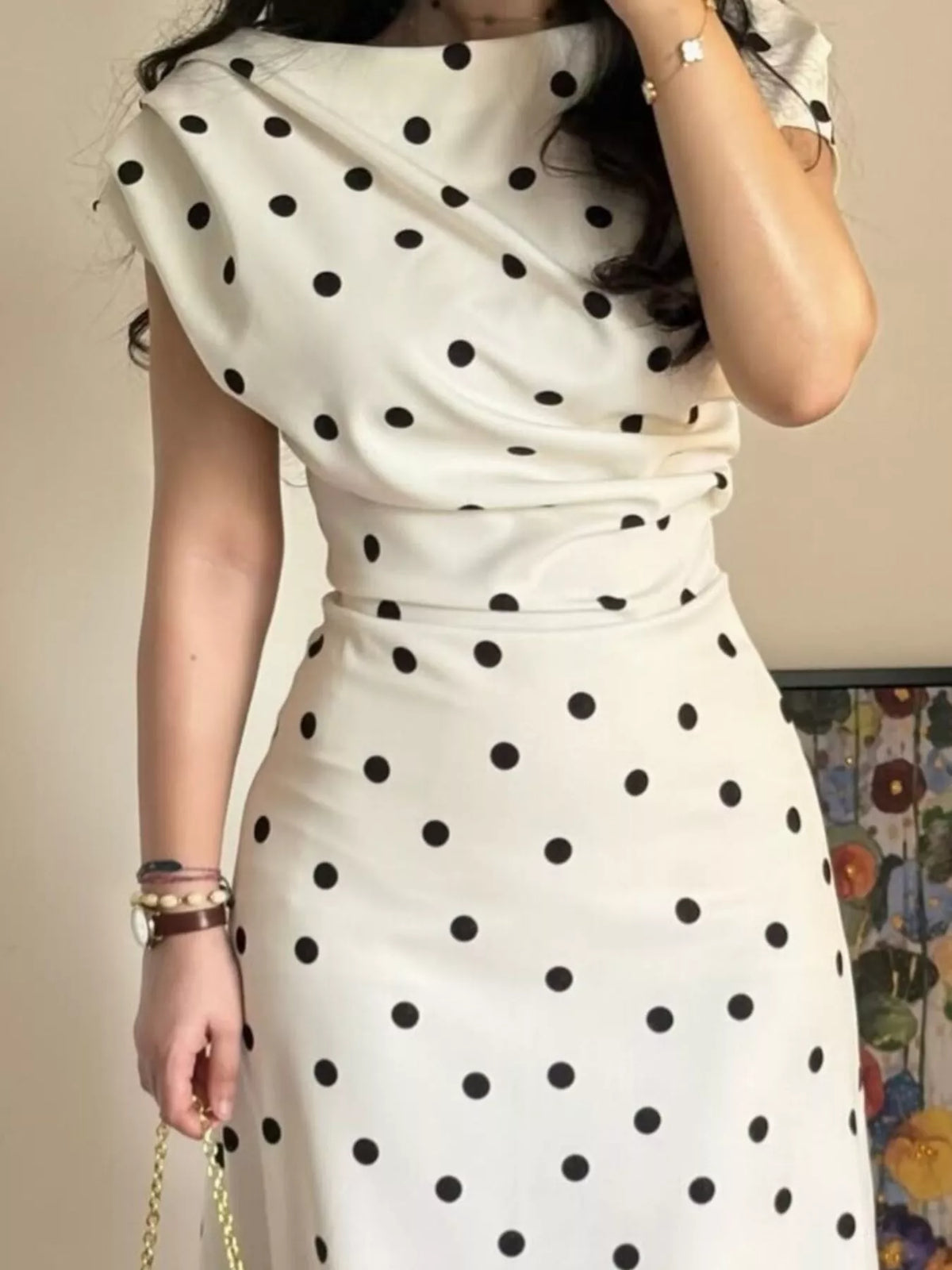 Cowl neck cap sleeve midi dress, construction and design details