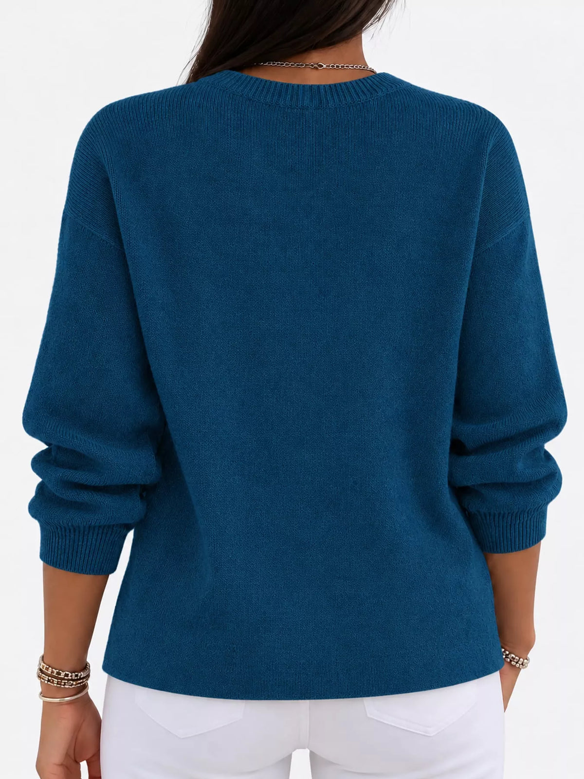Peacock Blue crew neck sweater, back view