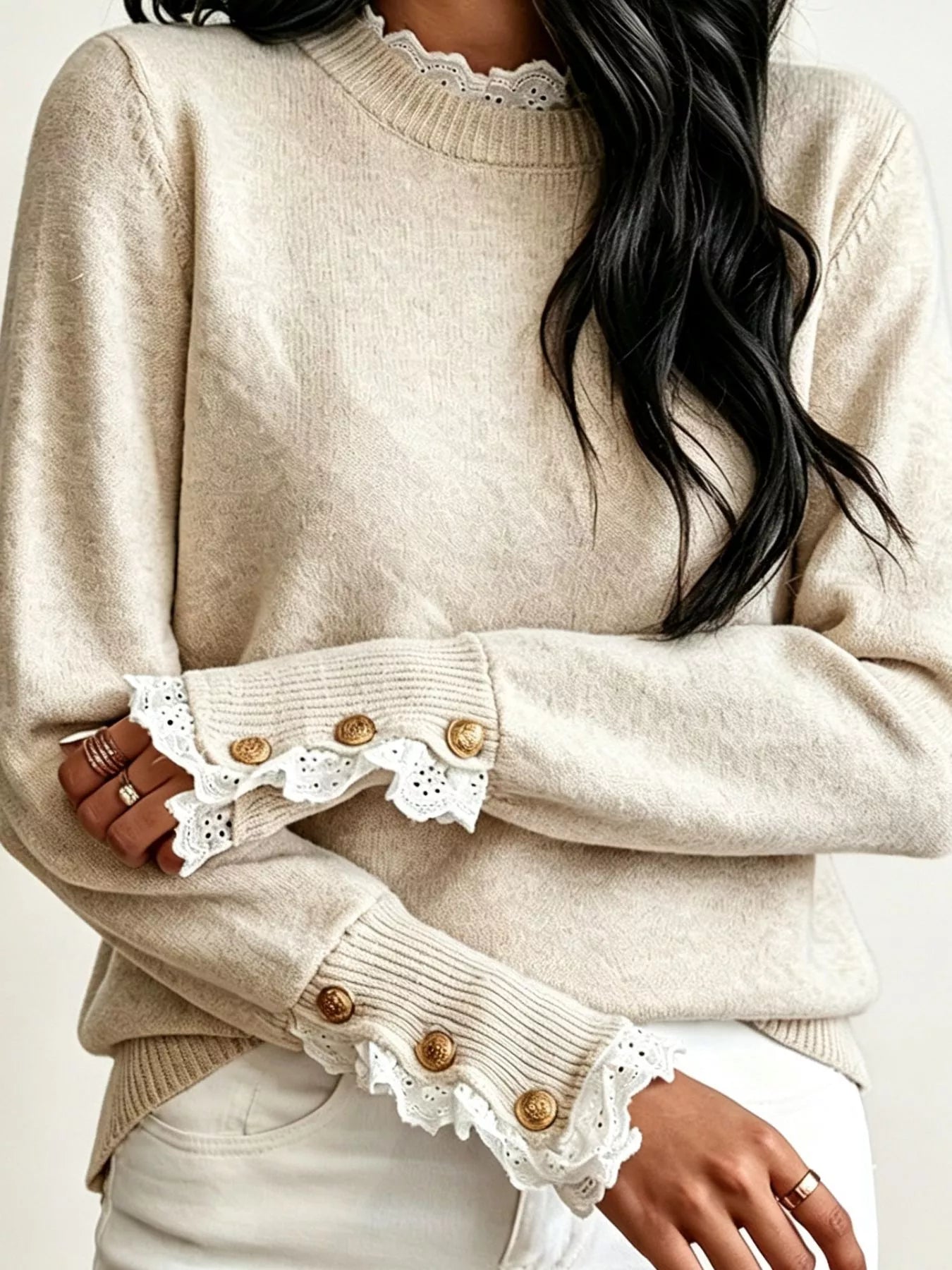 Trendsi Lace Trim Mock Neck Sweater -