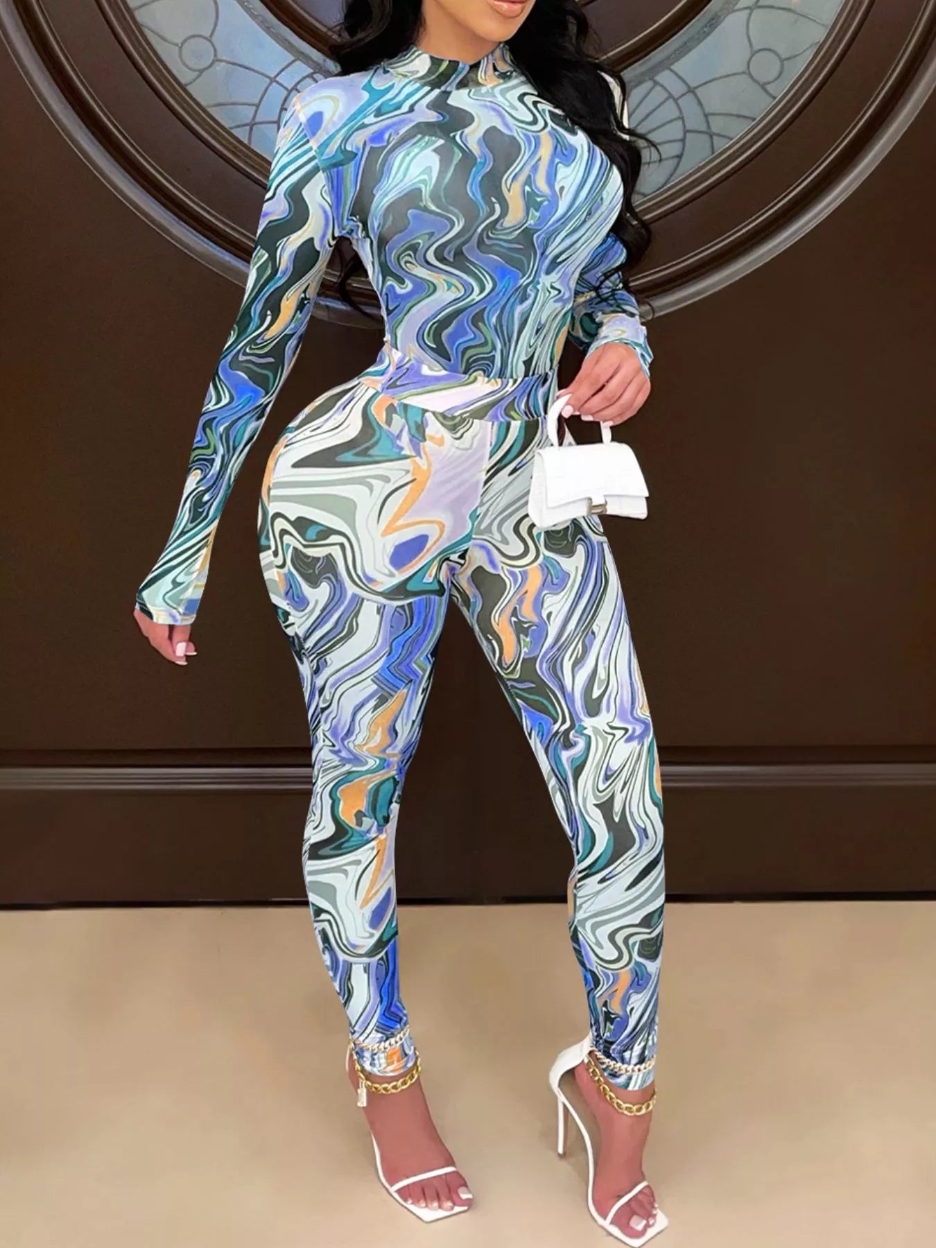 Trendsi Abstract Swirl Print Top and Pants Set -