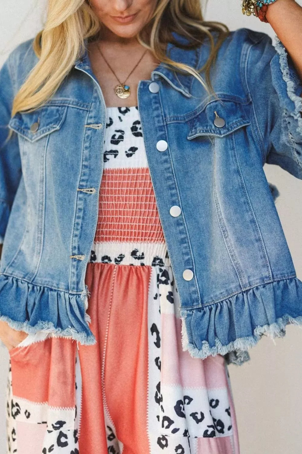 Trendsi Ruffle Hem Raw Edge Half Sleeve Western Denim Jacket -
