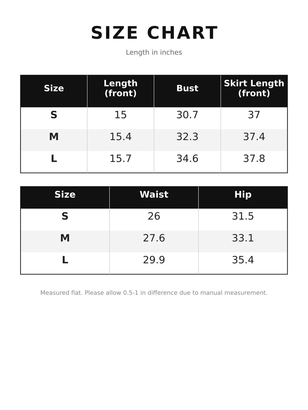Size and measurement chart for top and skirt set