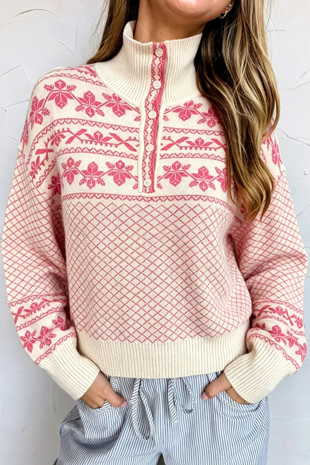 Pale Blush Fair Isle Quarter-Button Mock Neck Sweater front view