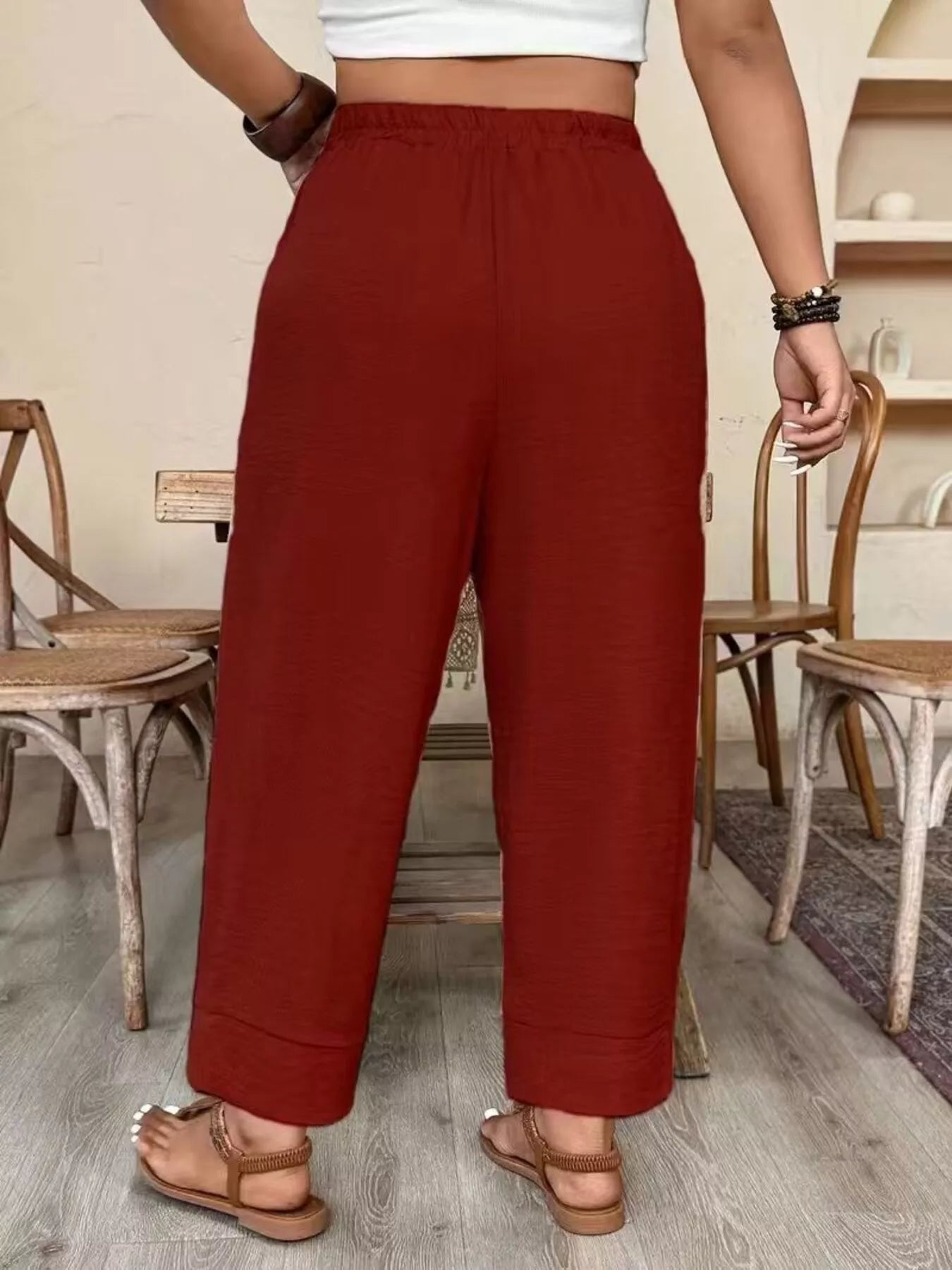 Trendsi Plus Size High-Waisted Elastic Waist Pants with Pockets -