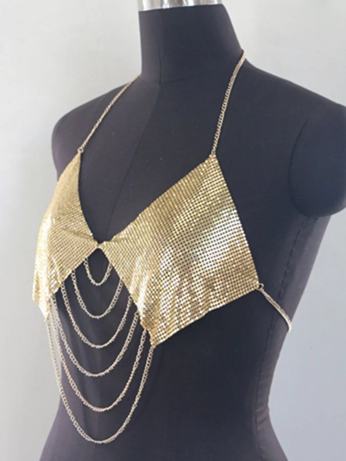 Gold metallic chainmail halter cami top, side view