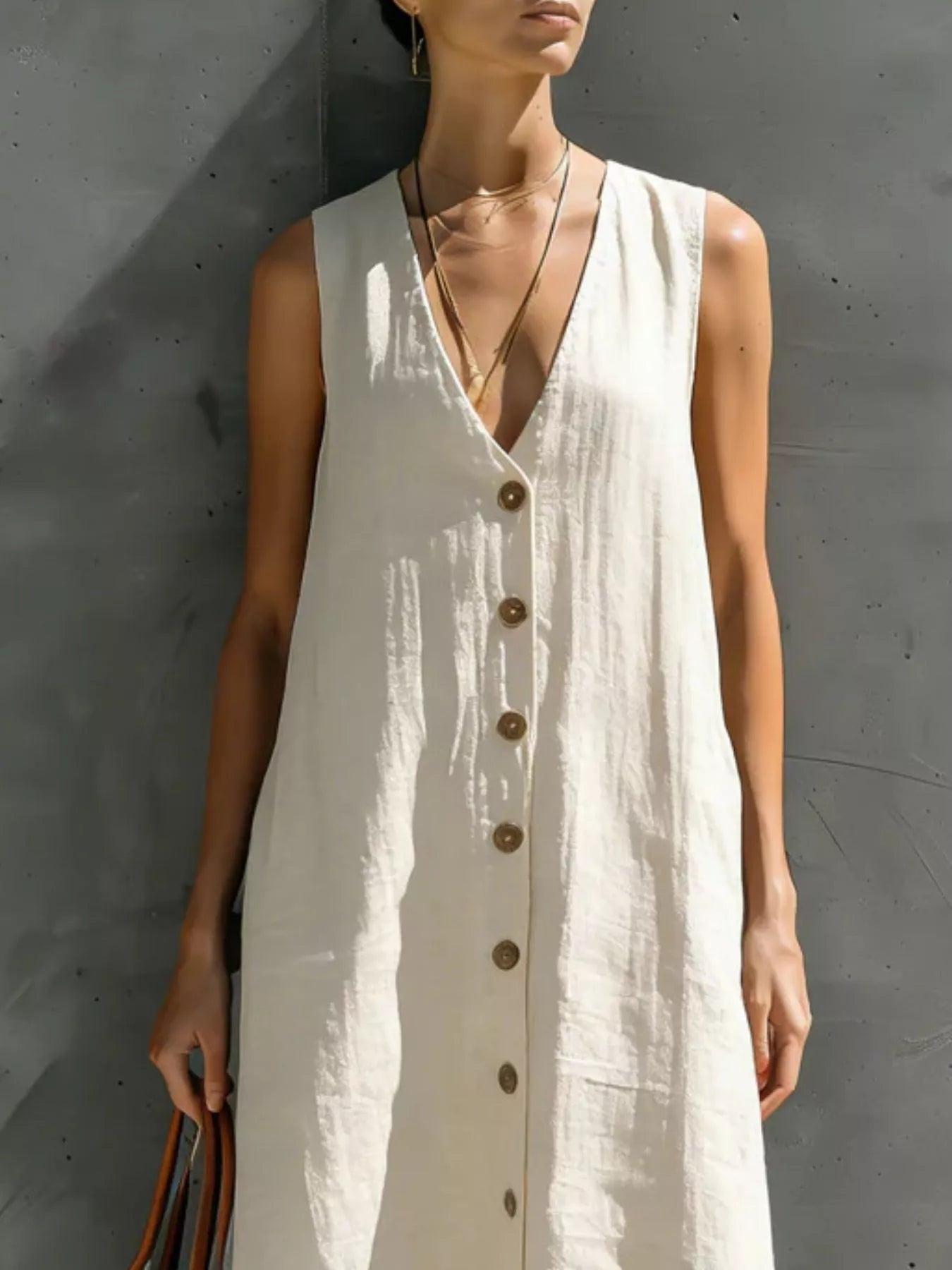 Trendsi Full Size Sleeveless V-Neck Button-Down Linen Maxi Dress Plus Size -