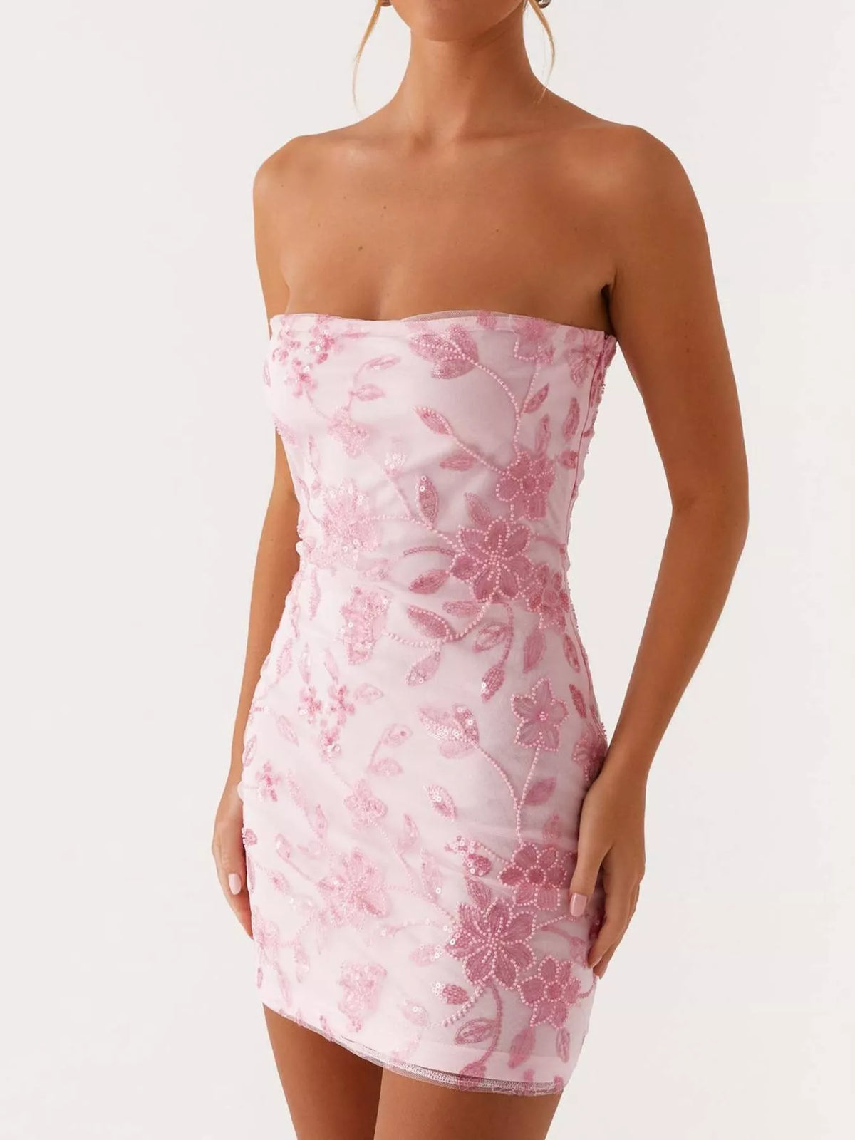 strapless mini dress, front view on model