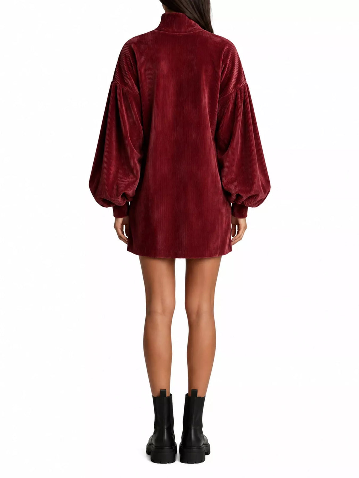 Corduroy Mock Neck Lantern Sleeve Mini Dress in burgundy, back view