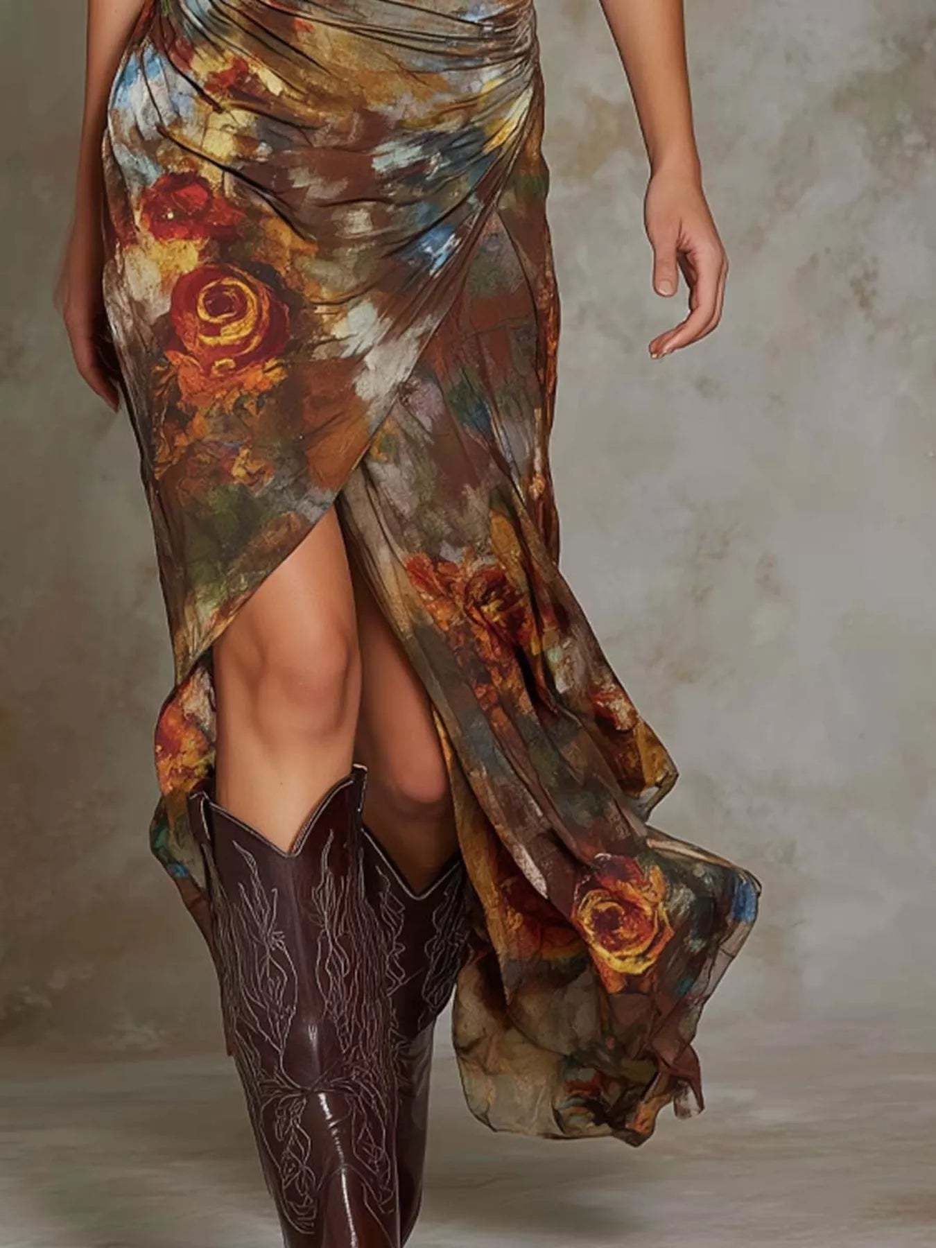 Trendsi Floral Print Ruched Wrap Midi Dress -