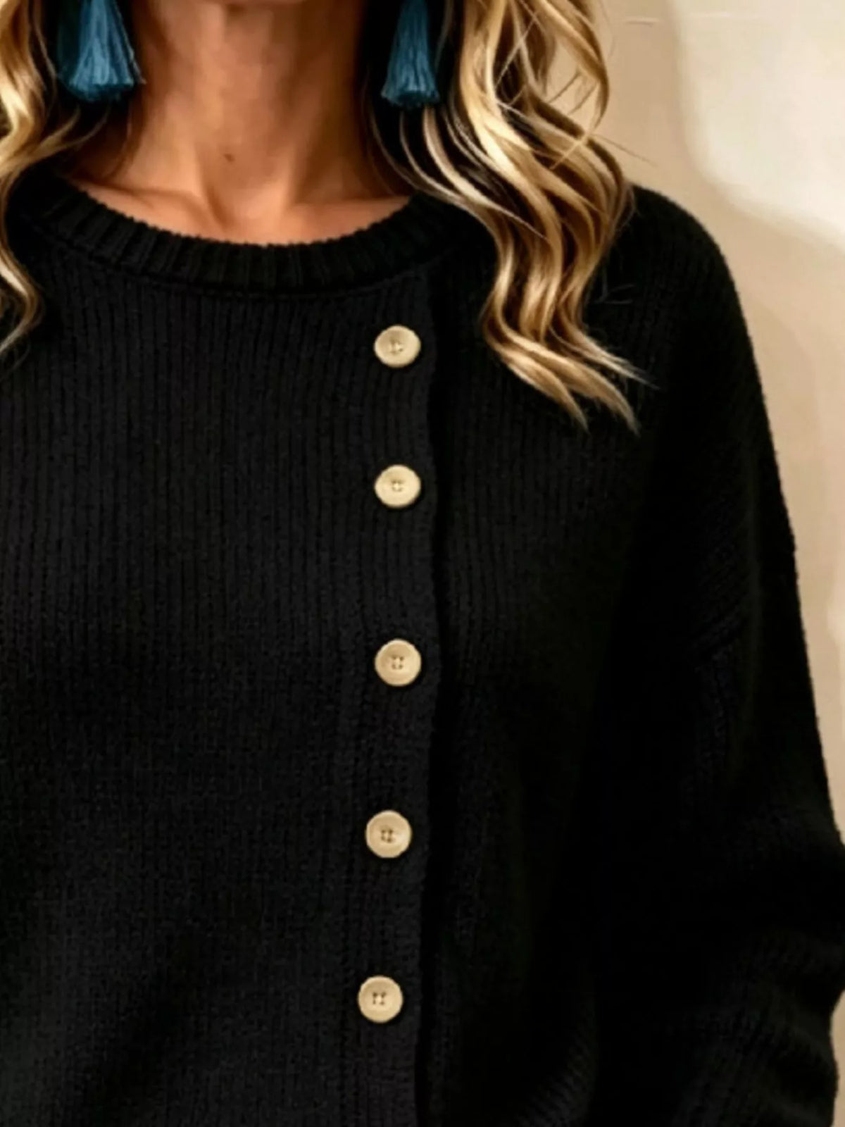 Decorative-button sweater, black decorative button detail
