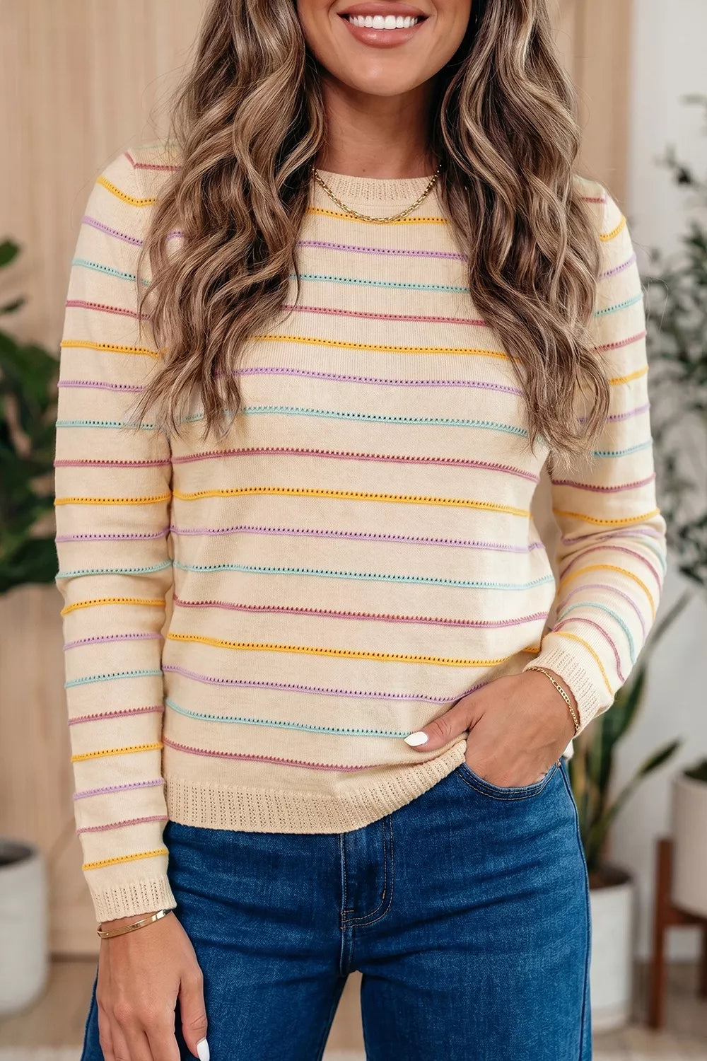 Trendsi Stripe Colorful Stripes Crew Neck Knit Sweater -