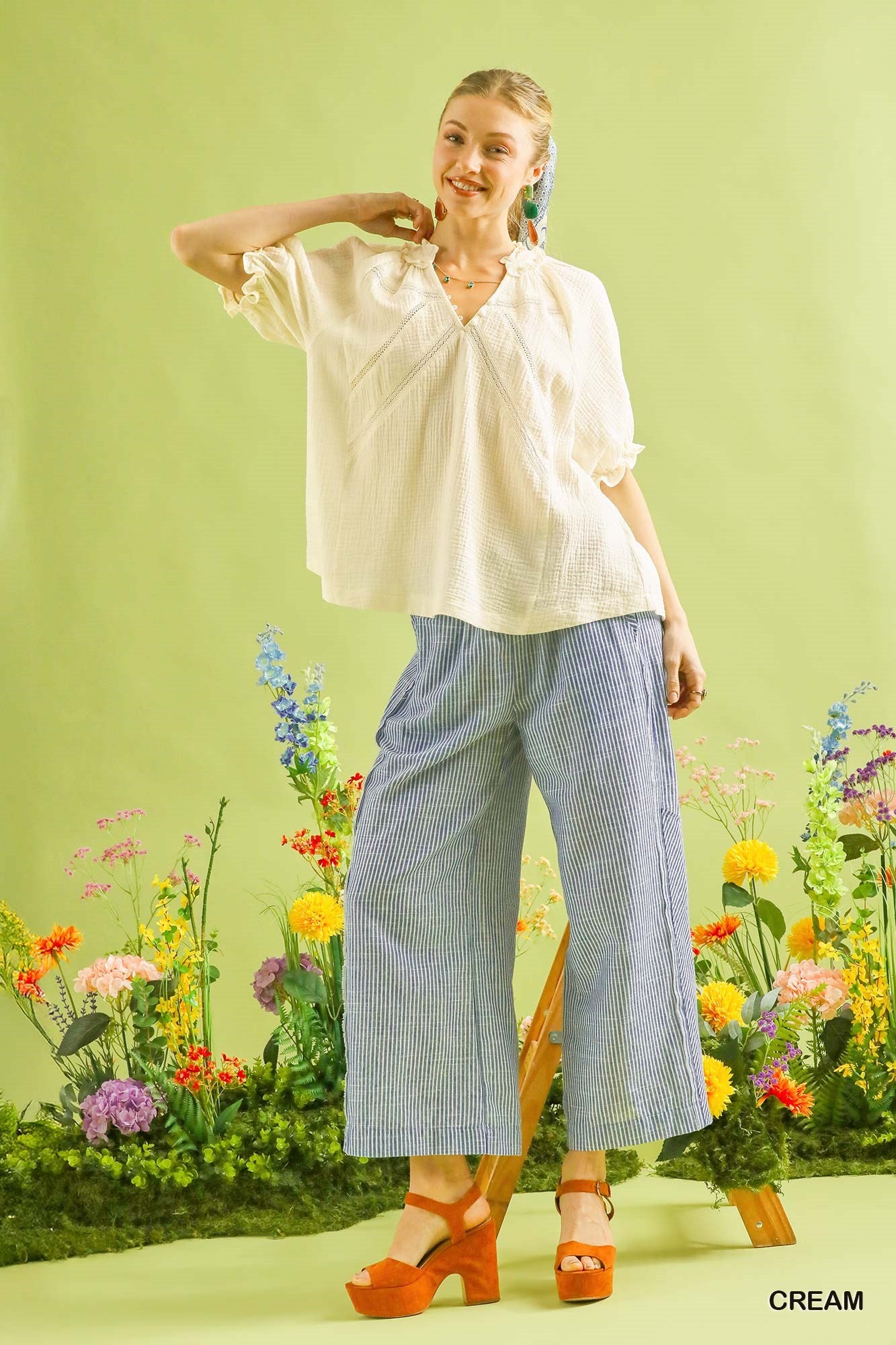 Women's Cotton Gauze V-Neck Ruffle Blouse With Lace Trim — product view 5
