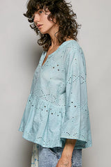 Trendsi POL Eyelet Embroidery Peplum Button Front Cotton Shirt -