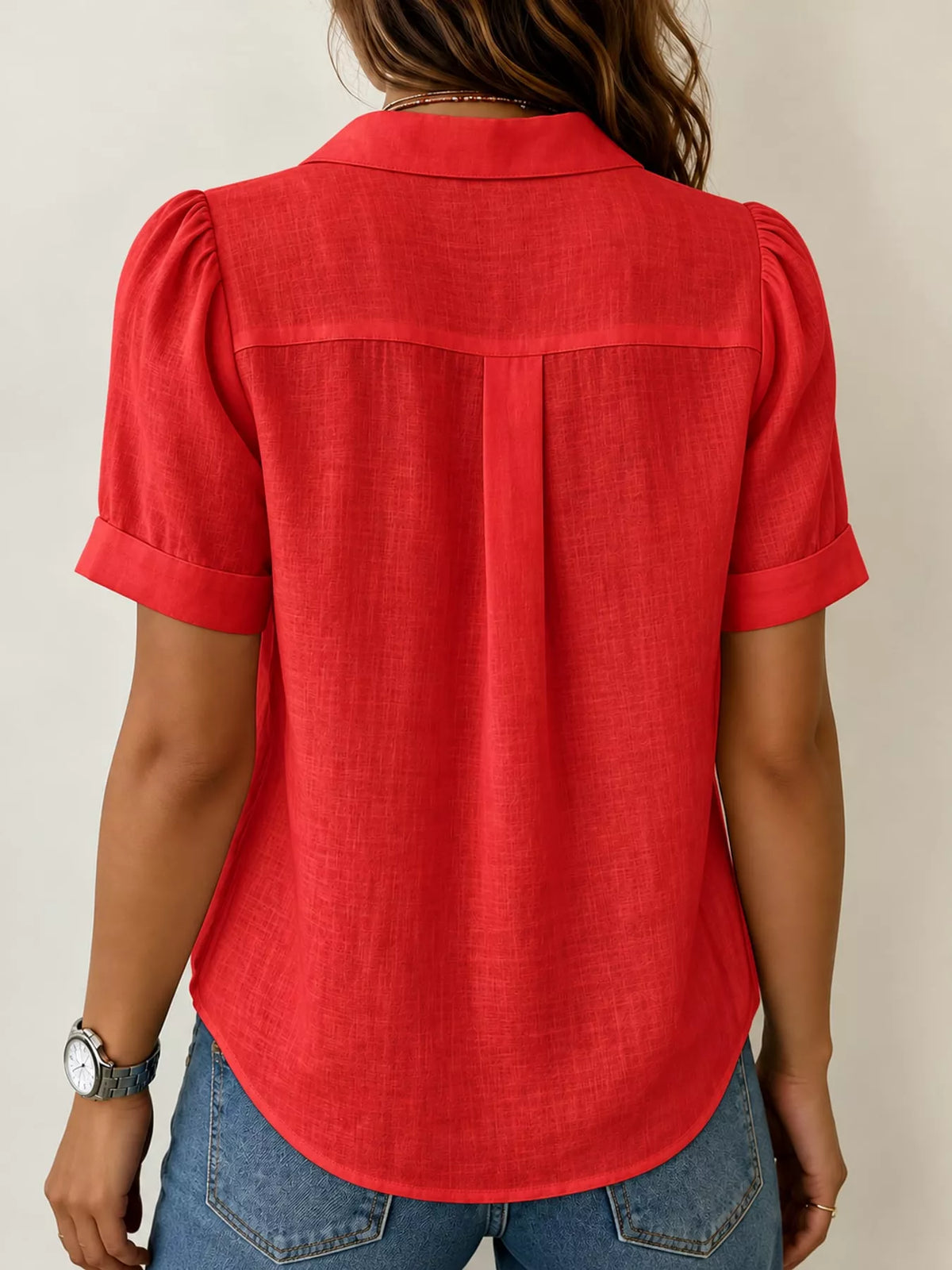 Red button up short sleeve shirt, back view