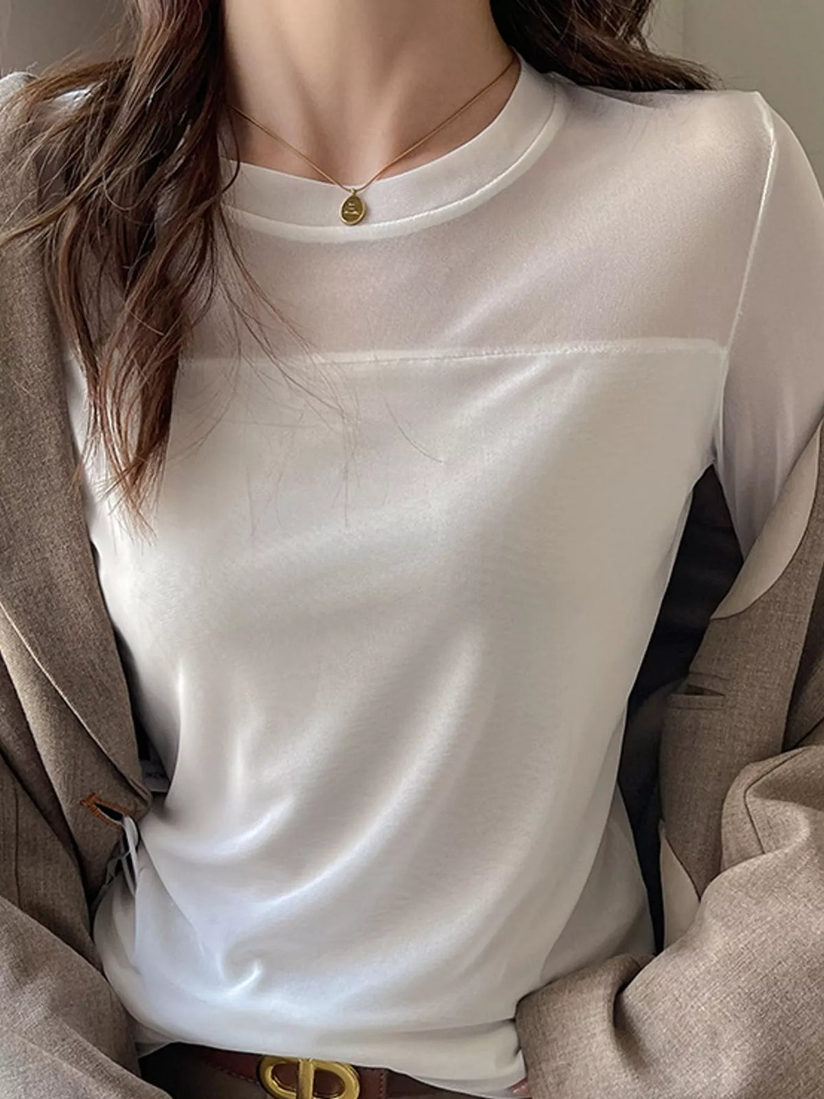 White sheer mesh patchwork long sleeve t-shirt