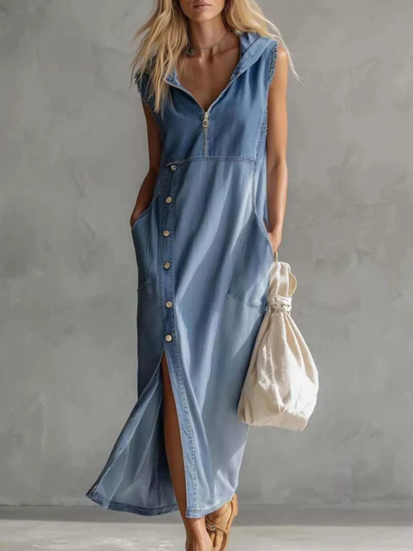 Slit sleeveless hooded denim maxi dress
