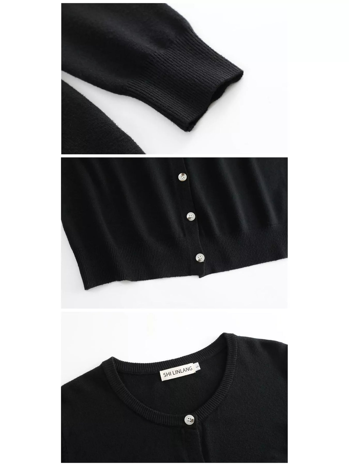 Black crew neck button down knit cardigan, detail view