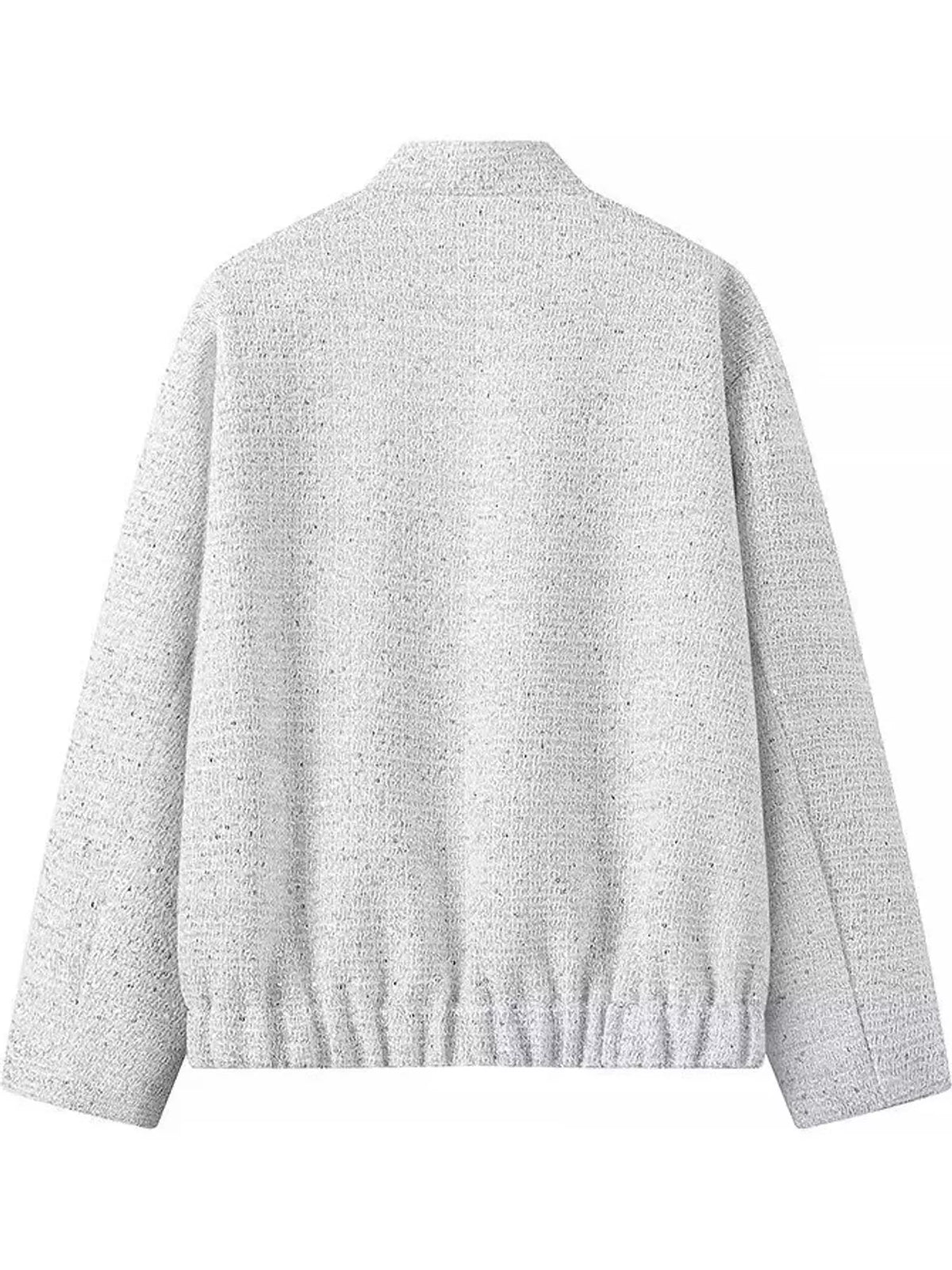 White tweed bomber jacket with front pockets, back view