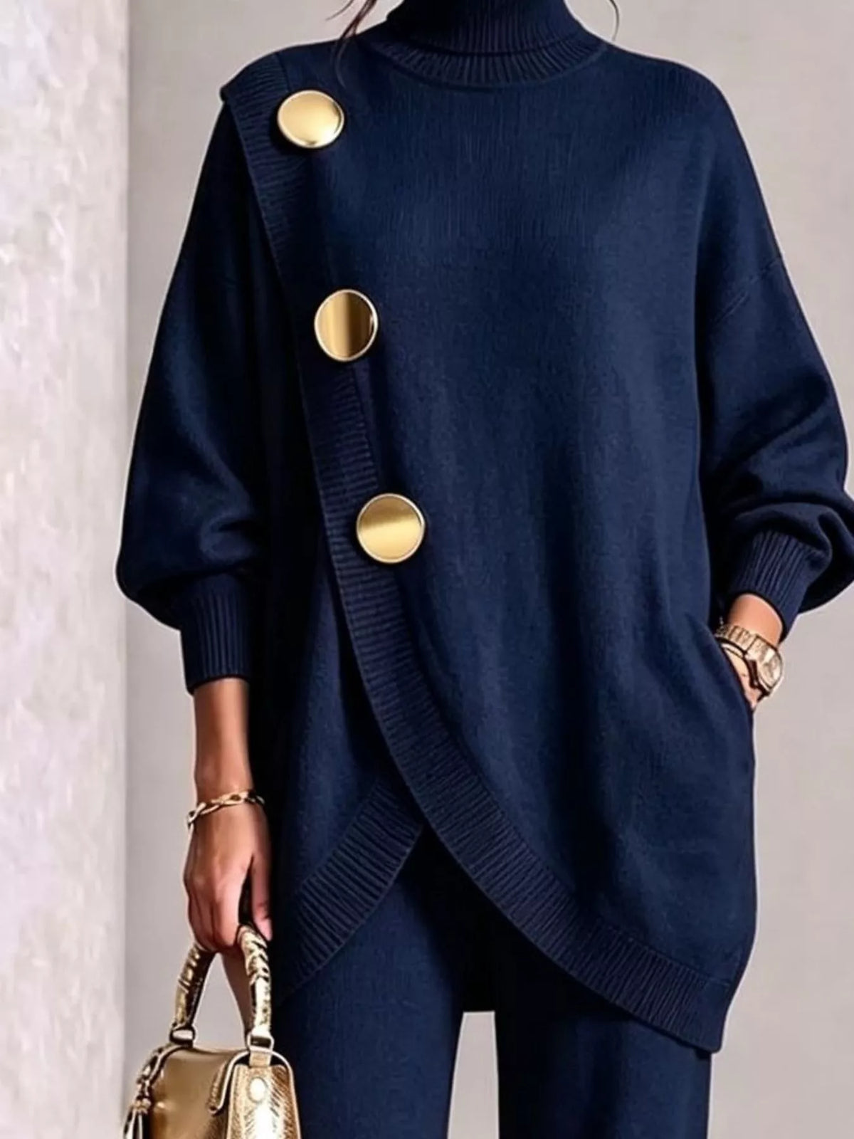 Turtleneck Asymmetric Sweater and Pants Set, top detail