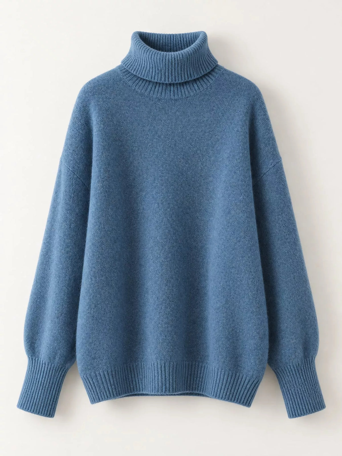 Turtleneck sweater, blue flat lay