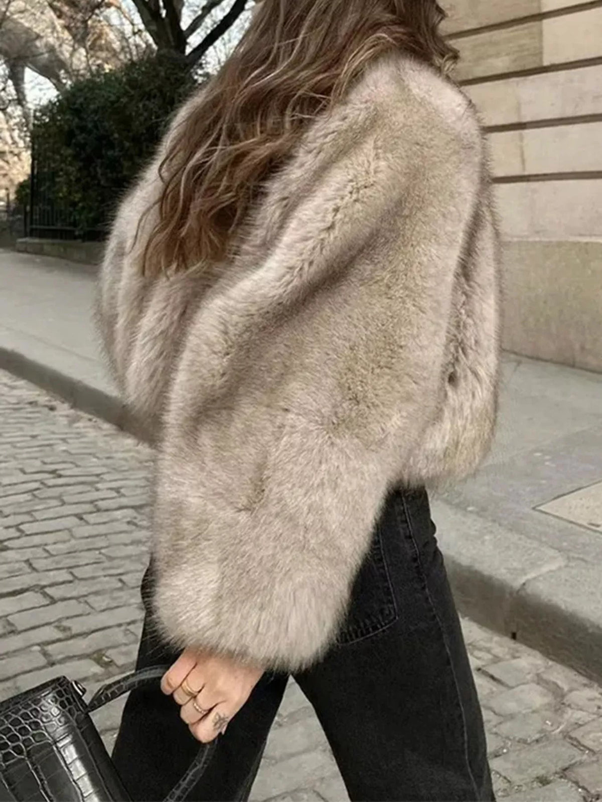 Faux Fur Cropped Coat in beige