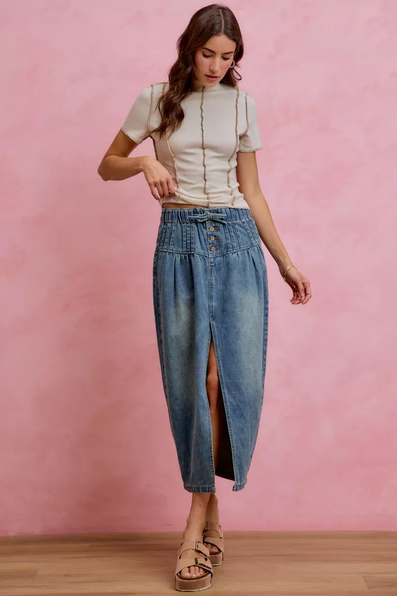 Women's High-Waisted Pleated Denim Maxi Skirt With Front Slit — product view 6