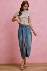 Trendsi SO ME Pleated Washed Denim Skirt With Front Slit -