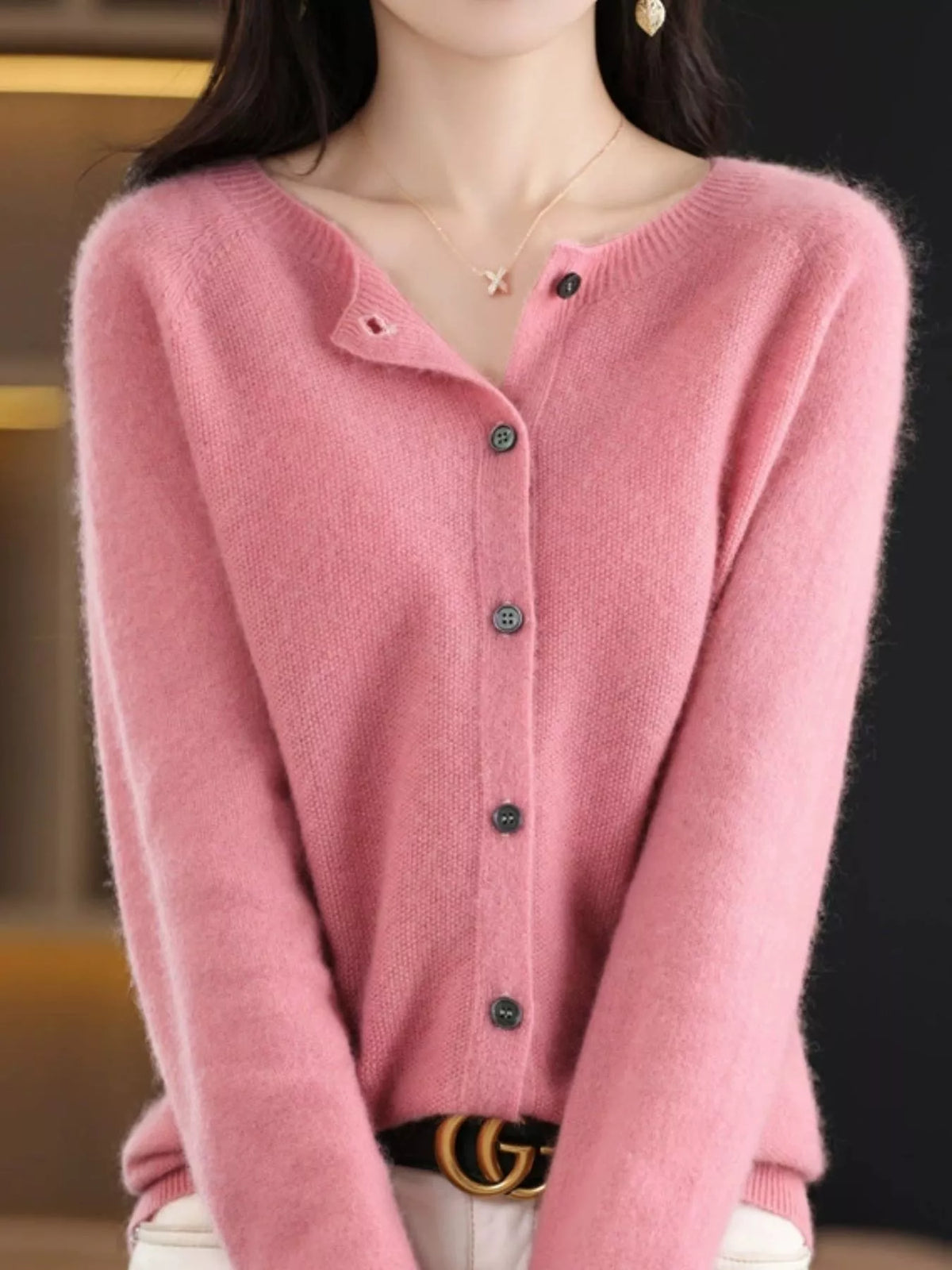 Round neck long sleeve cardigan, front view on model
