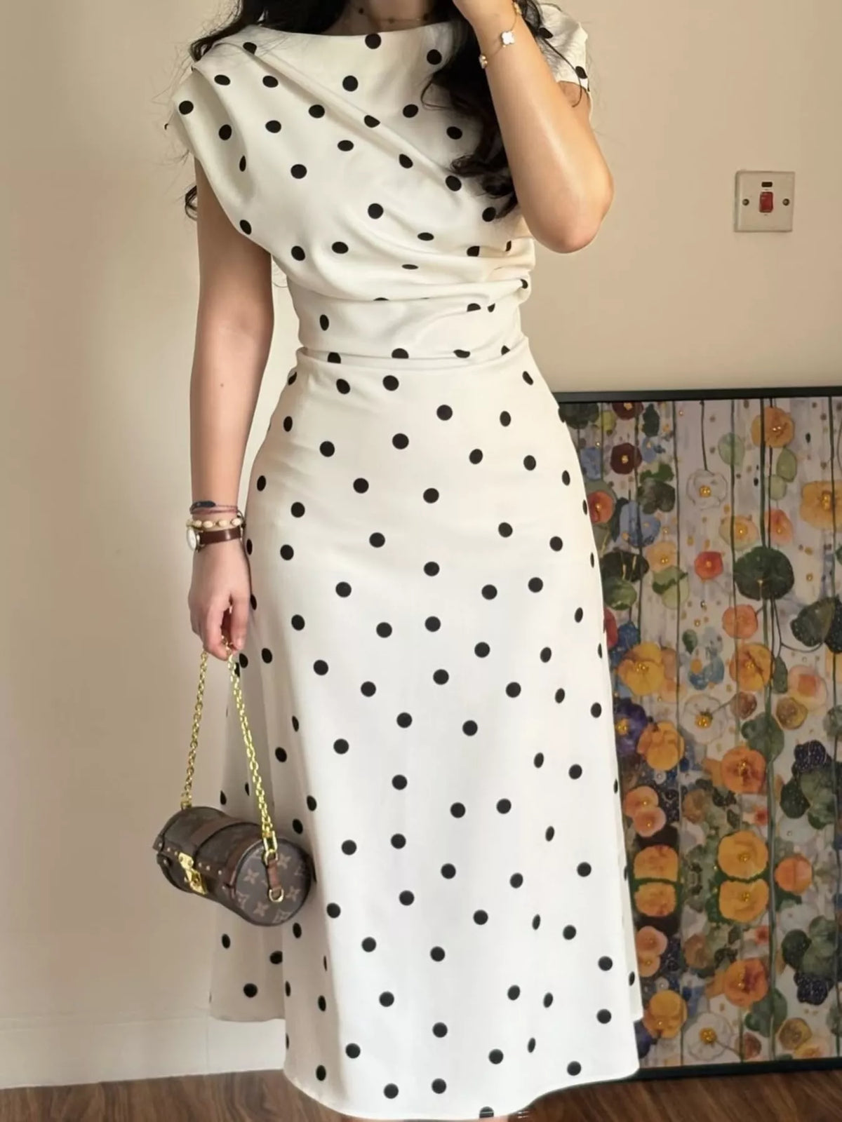 Cowl neck cap sleeve midi dress, front view on model