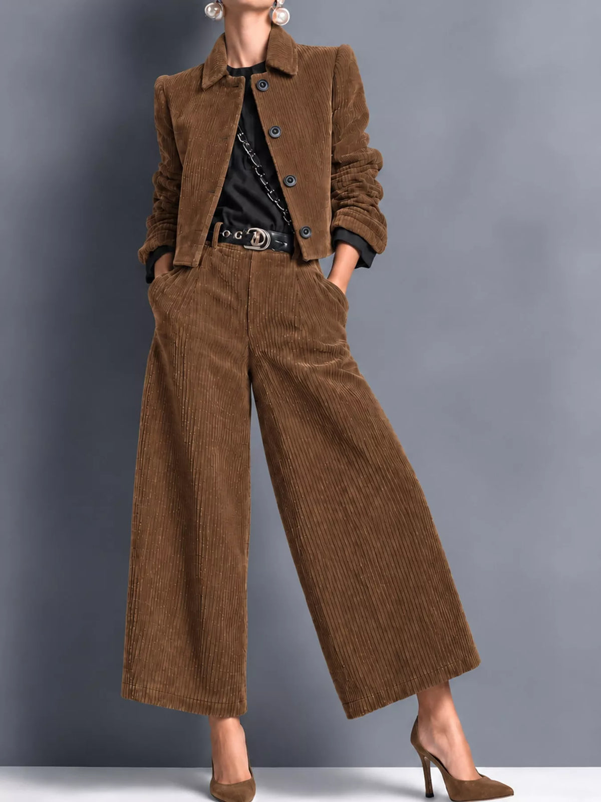 Corduroy Button Up Blazer and Pants Set, detail view in brown