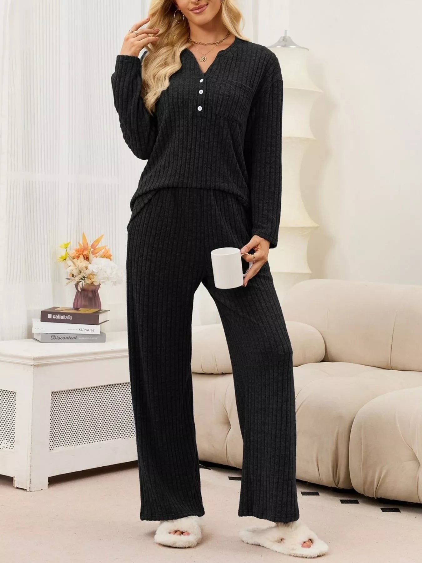 Trendsi Ribbed Knit Top and Wide-Leg Pants Set -