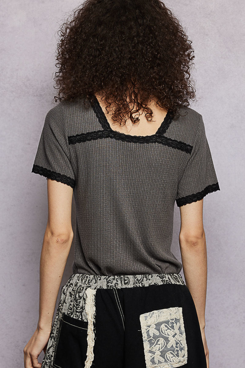 Women's Lace-Detail V-Neck Short Sleeve Textured Knit Top — product view 4