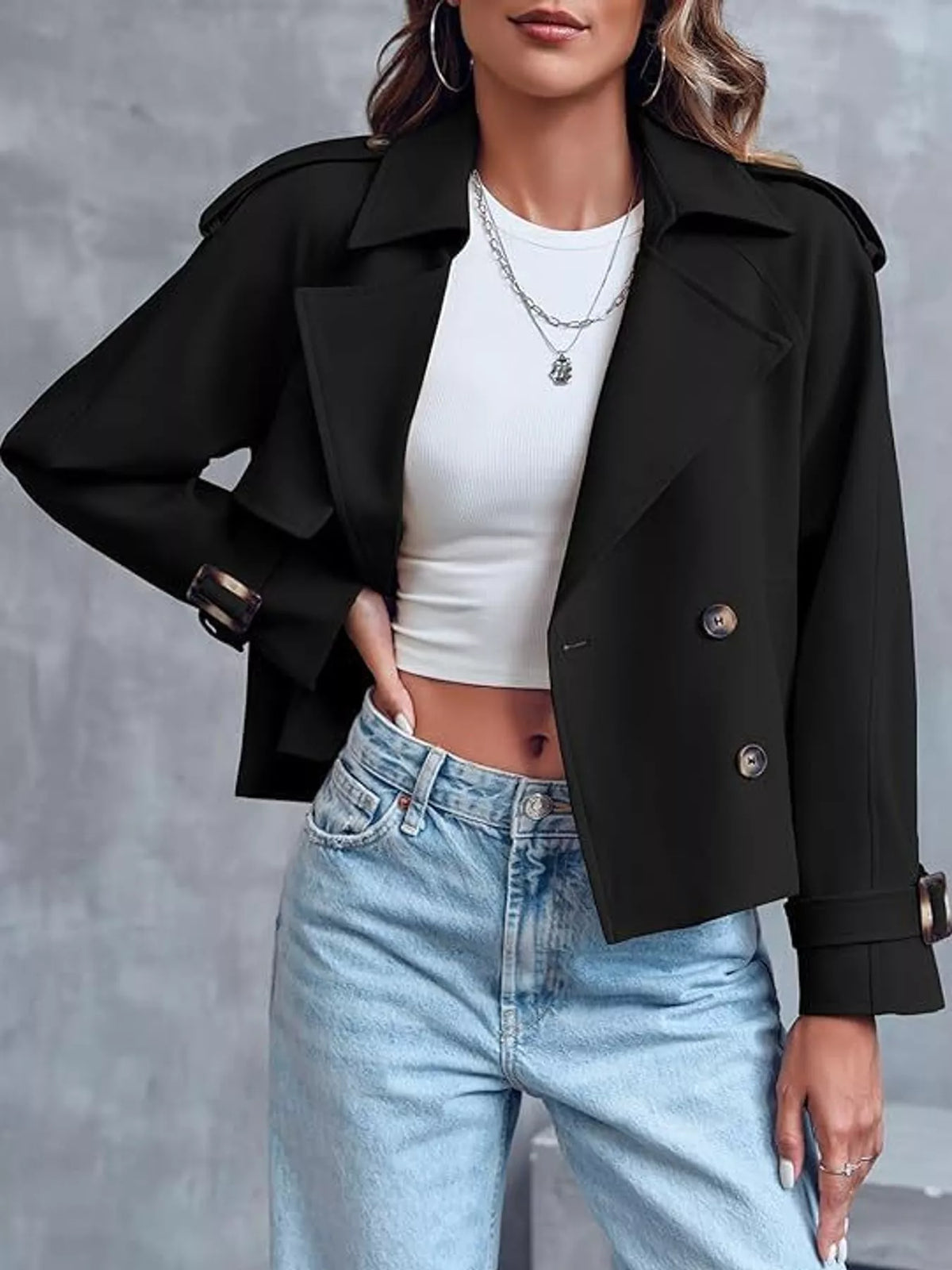 Women's Double-Breasted Cropped Trench Coat in black — front view