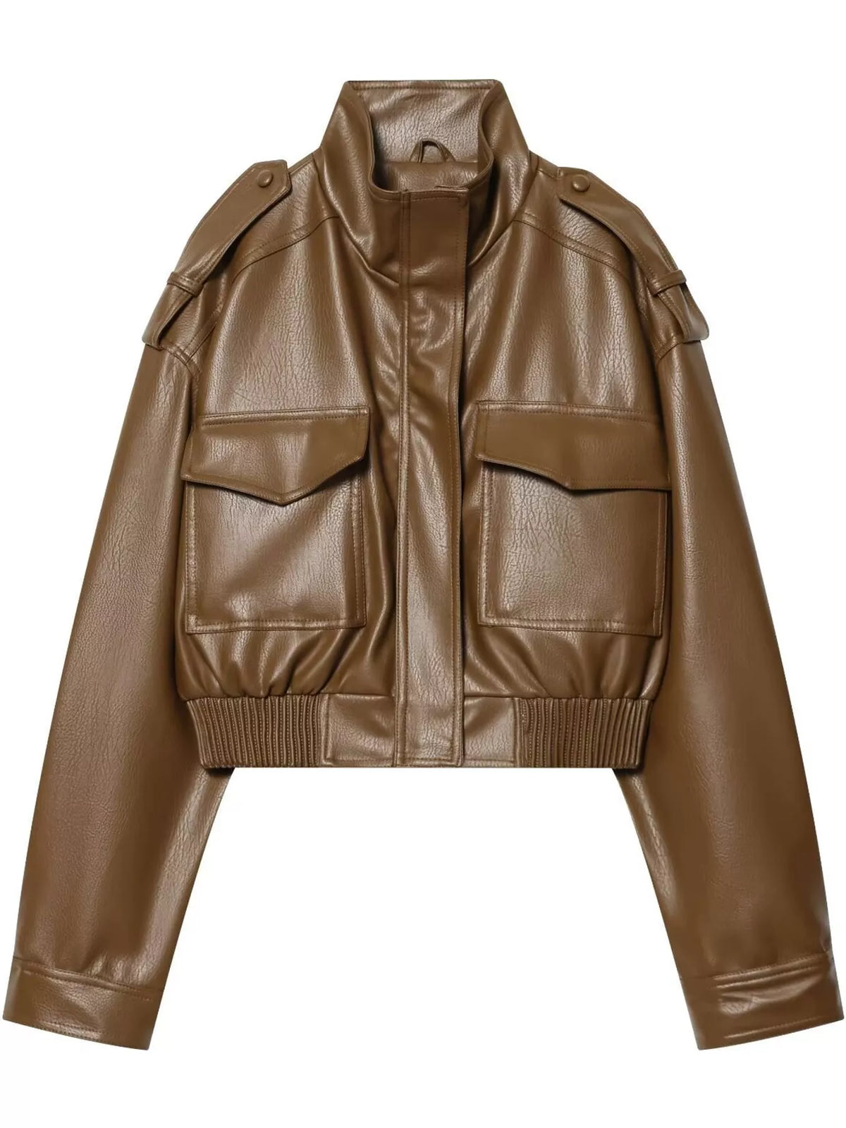 Brown faux leather cropped bomber jacket — front view