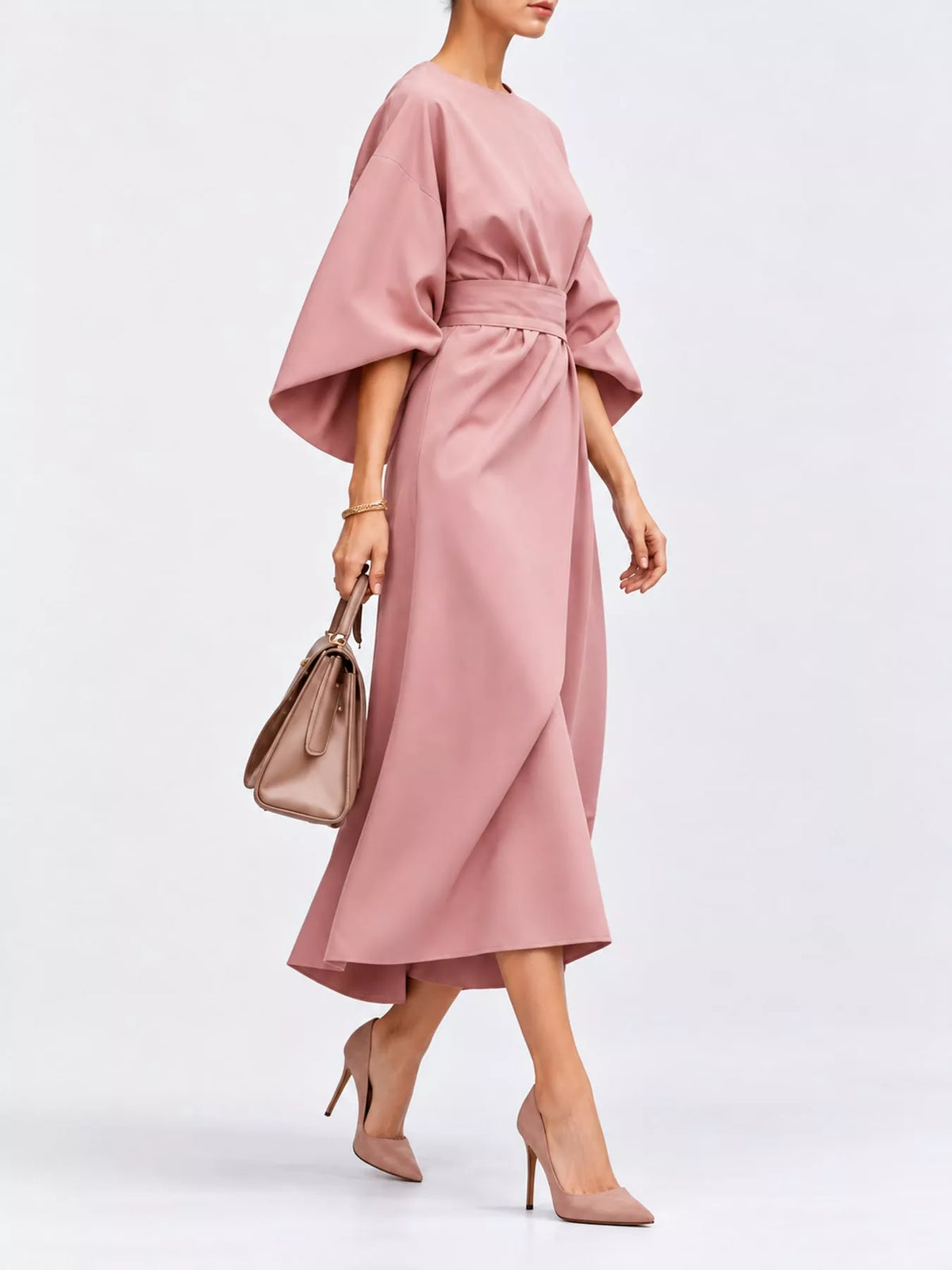 Pink round neck kimono sleeve midi dress