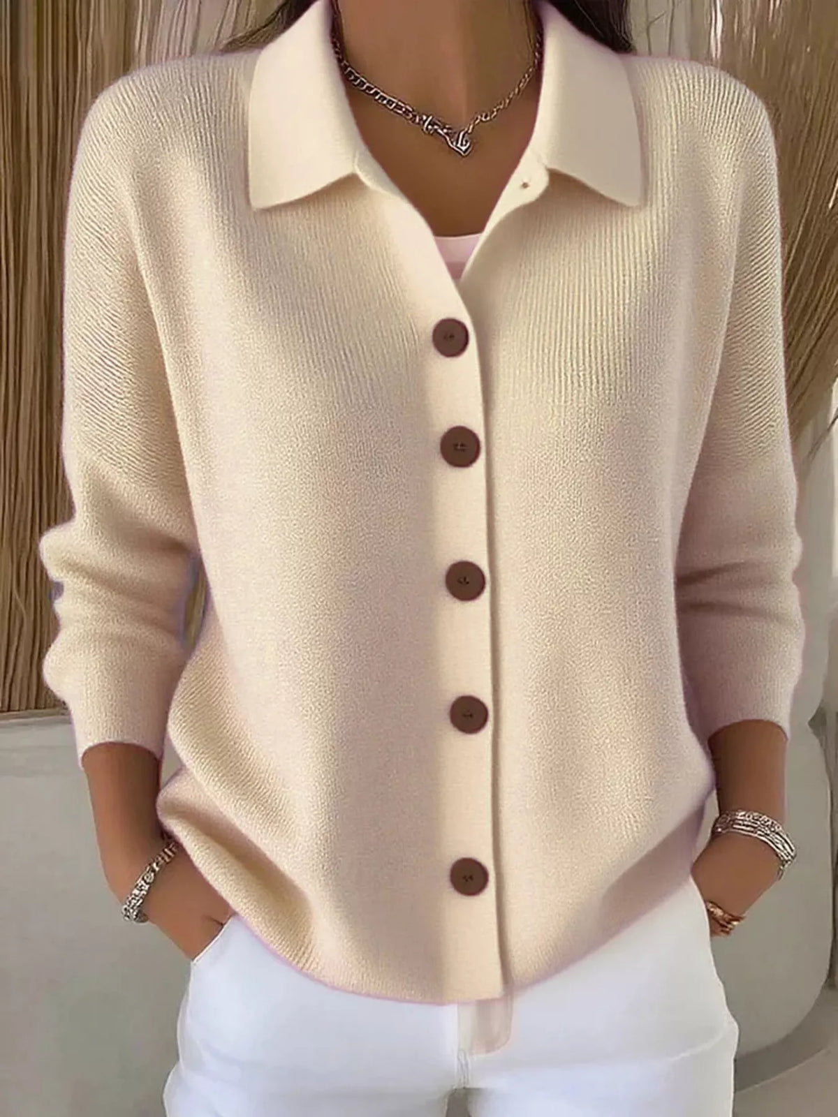Apricot Color collared button-down knit cardigan