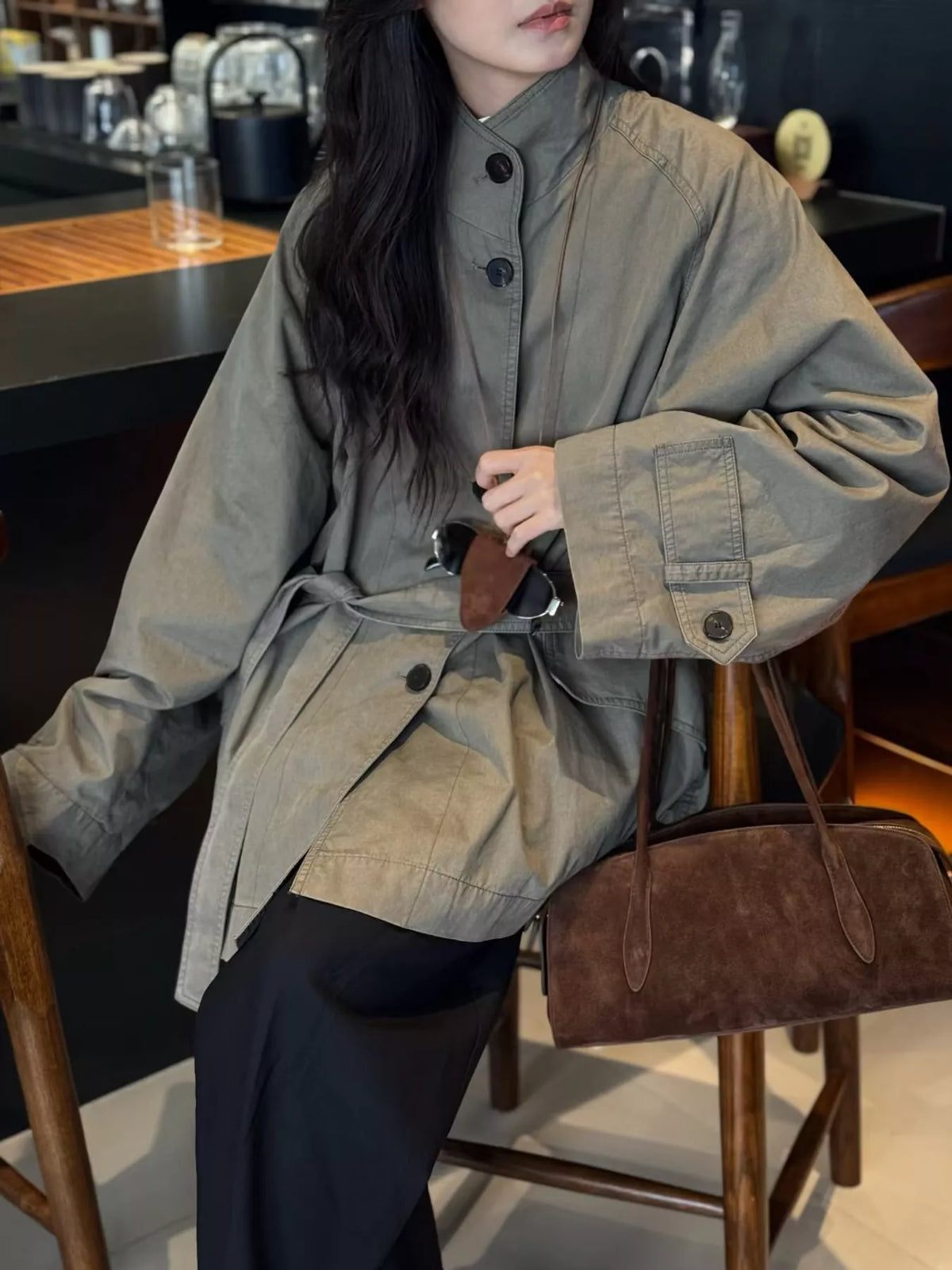 Vintage Style Stand-Collar Belted Utility Jacket in khaki