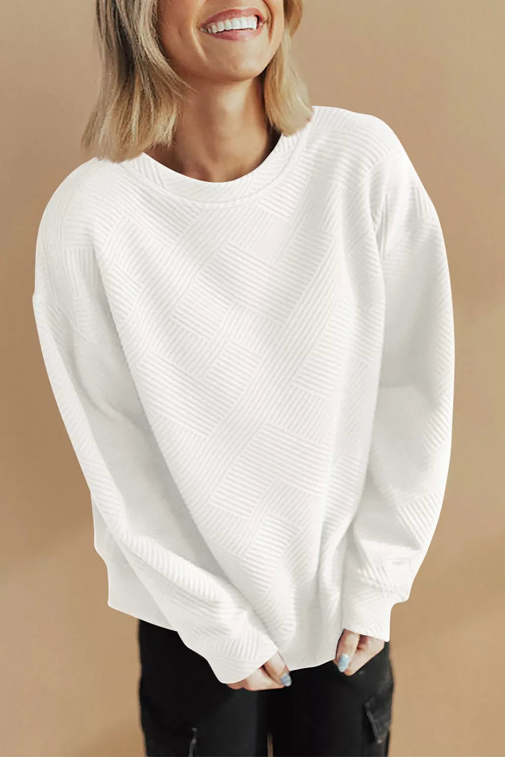 Trendsi Solid Color Textured Round Neck Drop Shoulder Pullover Sweatshirt -
