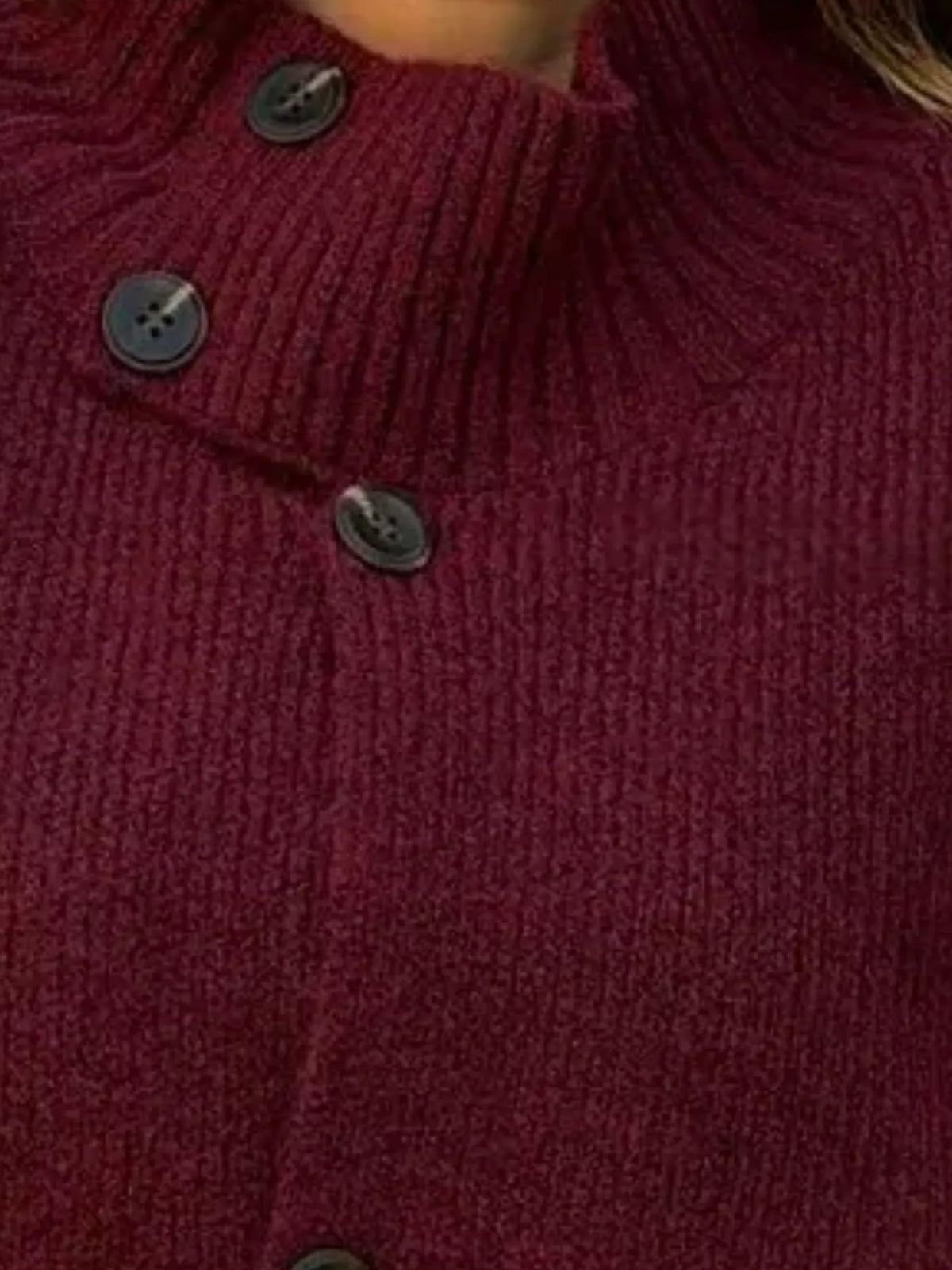 Button-Up Mock Neck Cardigan in burgundy, neckline detail
