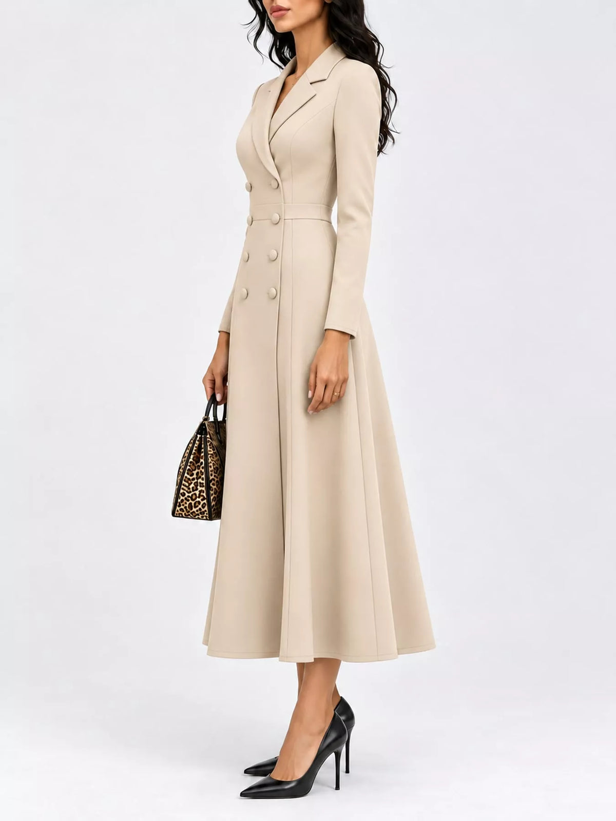 Beige double-breasted lapel collar midi dress — side view
