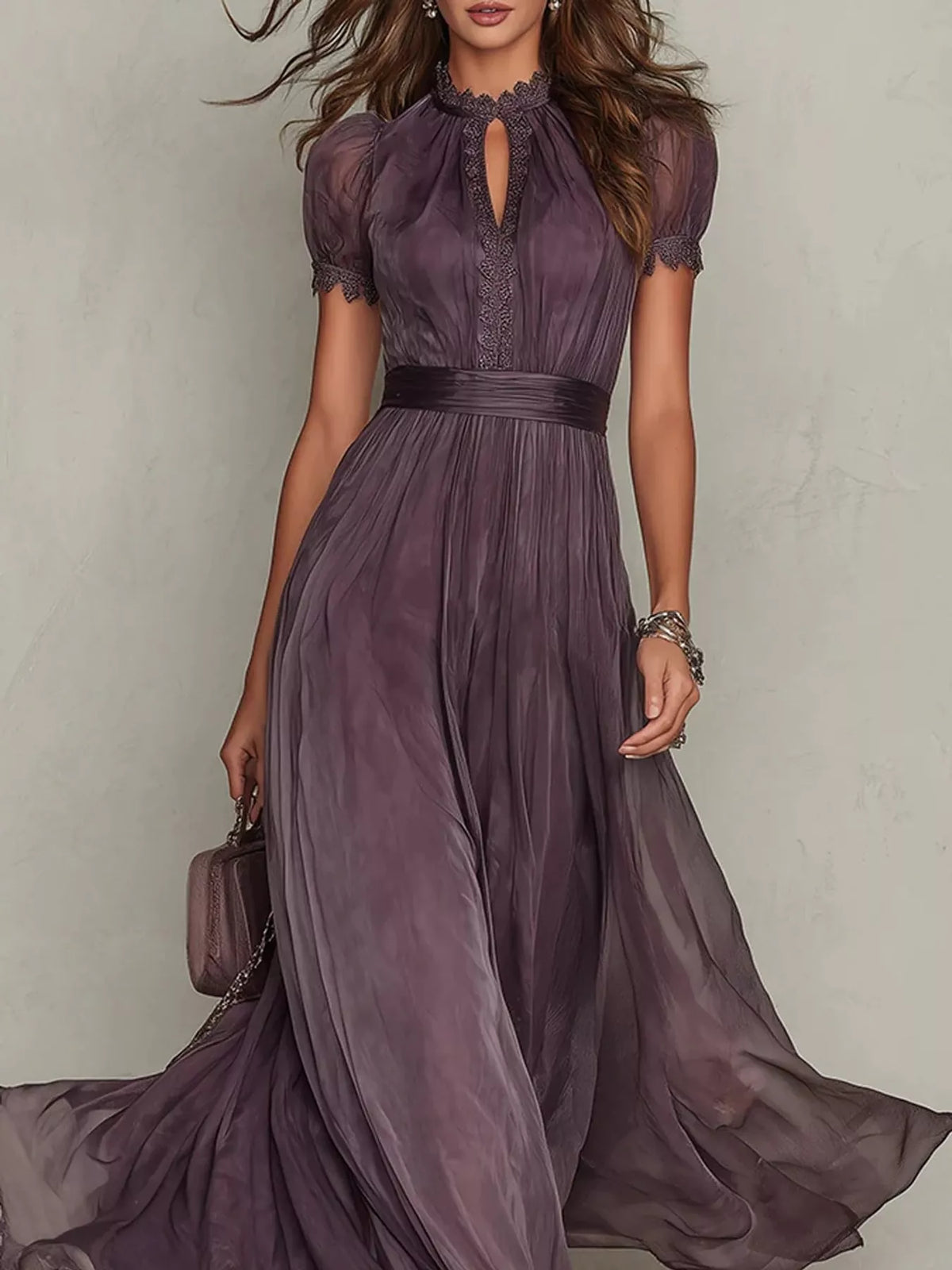 Lace Puff Sleeve Maxi Dress in purple, front view
