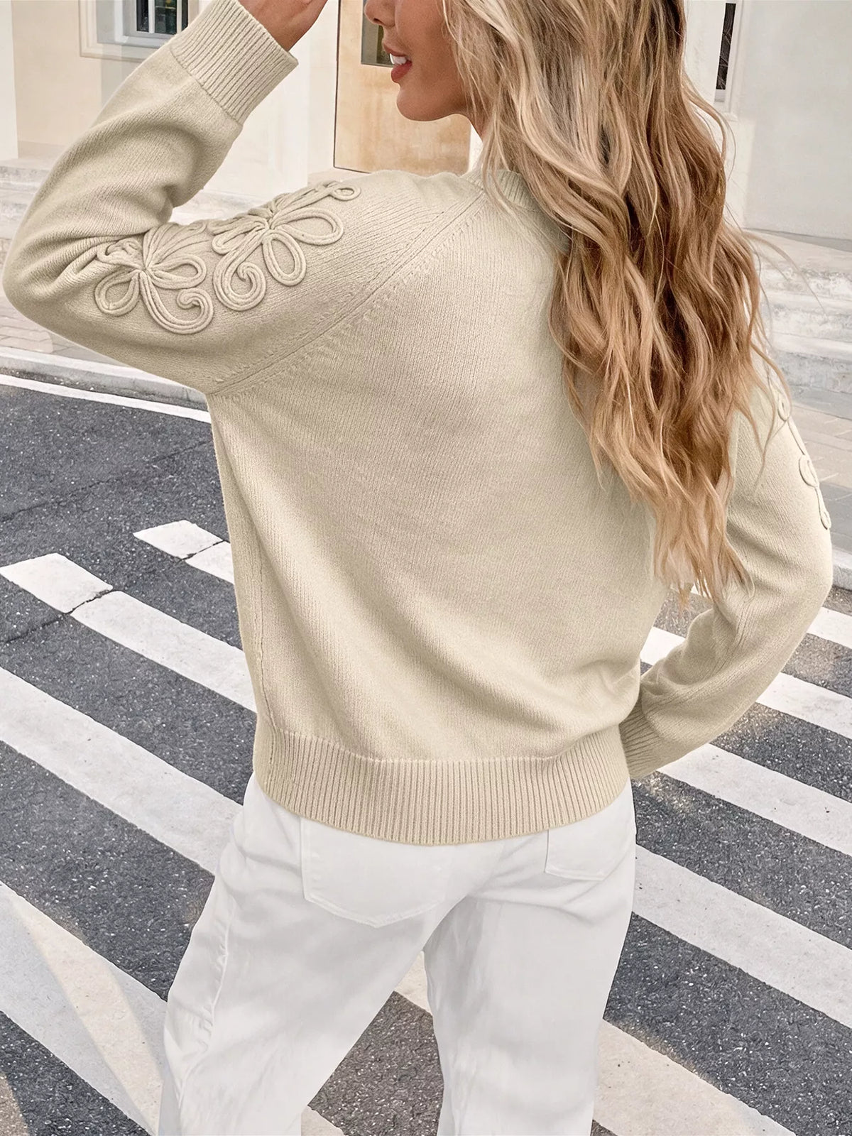 Cream floral raglan sleeve sweater, back view