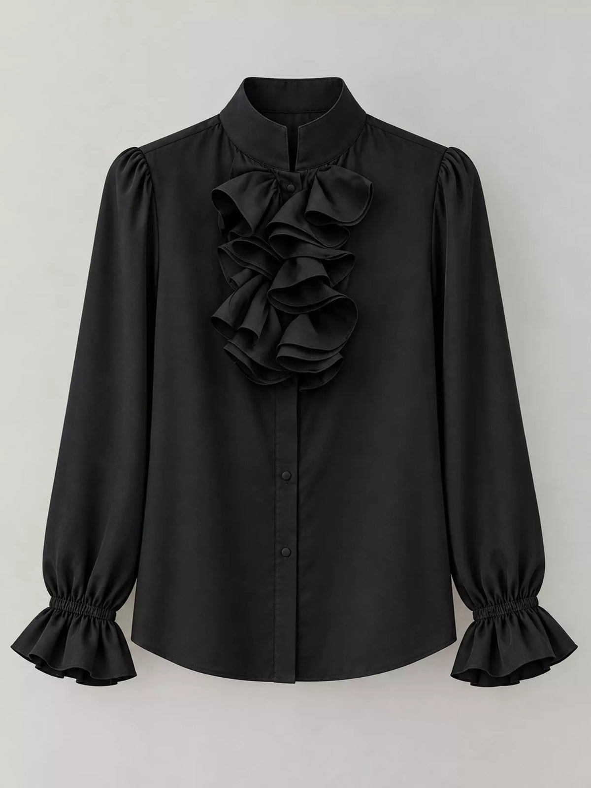 Ruffled Stand-Collar Blouse with Long Lantern Sleeves, front view